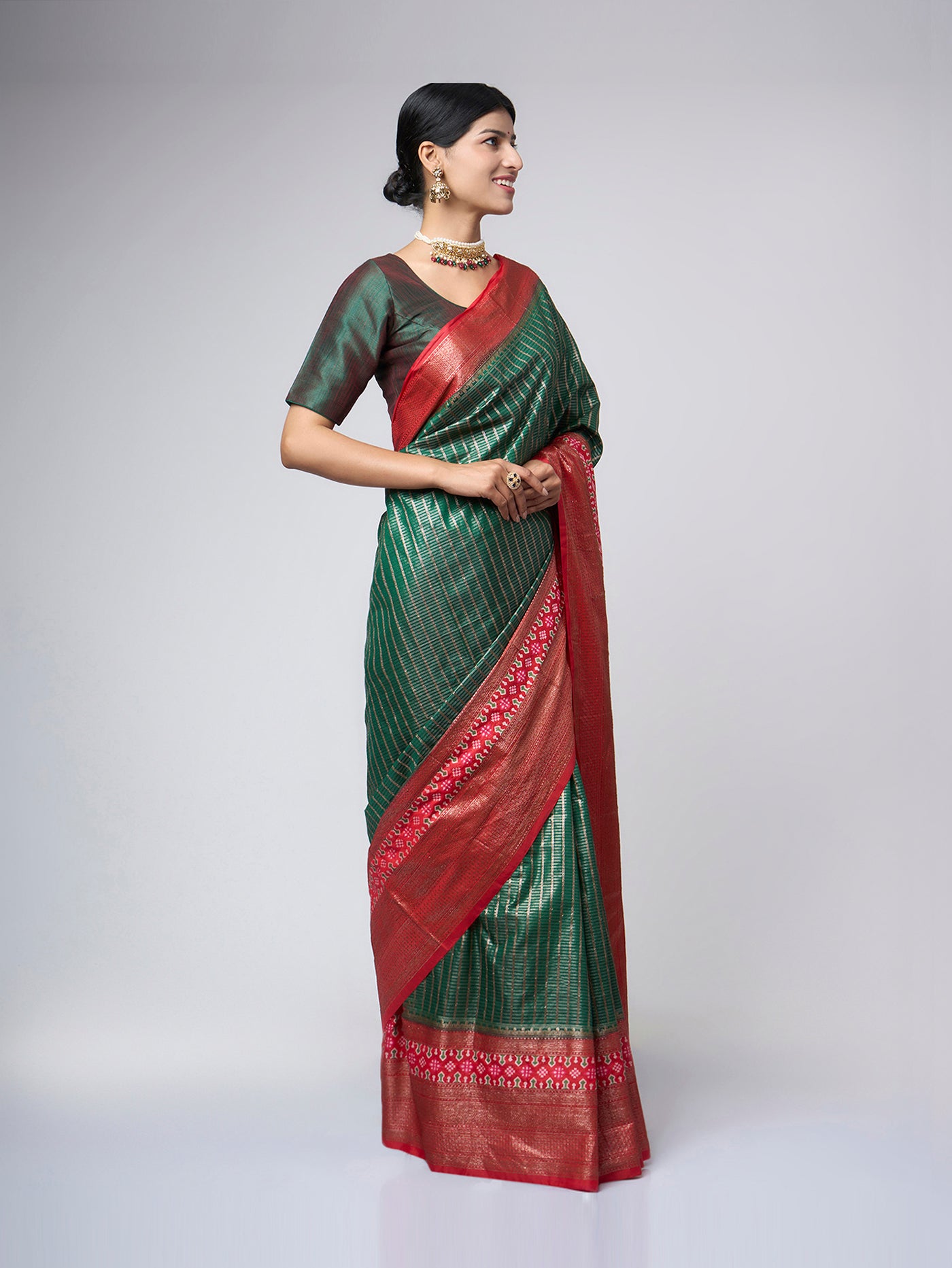 Vermaya - Green silk blend saree with red zari accents - ZahratSaree