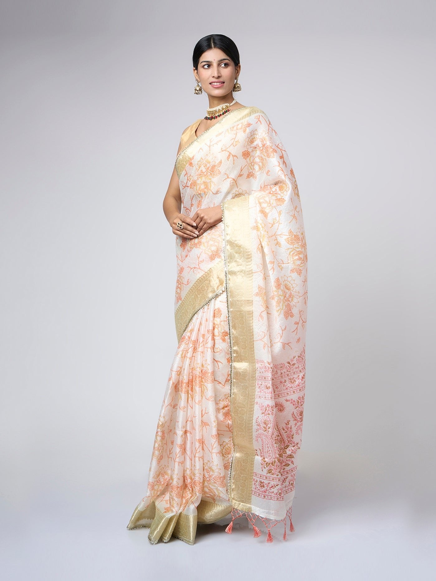 Ivory Bloom – Ivory Digital Print Saree with Orange Foliage & Soft Gold Zari Border - ZahratSaree