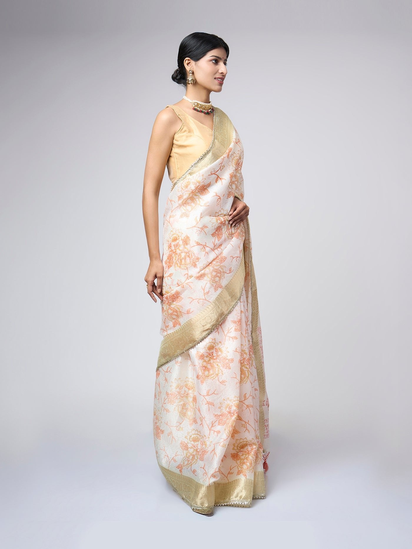 Ivory Bloom – Ivory Digital Print Saree with Orange Foliage & Soft Gold Zari Border - ZahratSaree