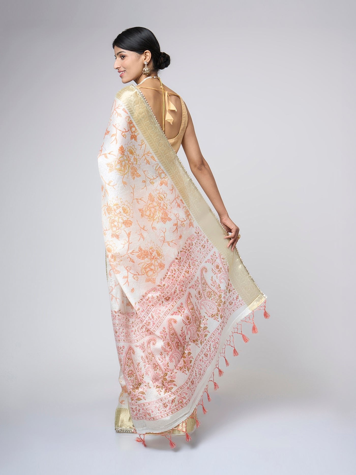 Ivory Bloom – Ivory Digital Print Saree with Orange Foliage & Soft Gold Zari Border - ZahratSaree