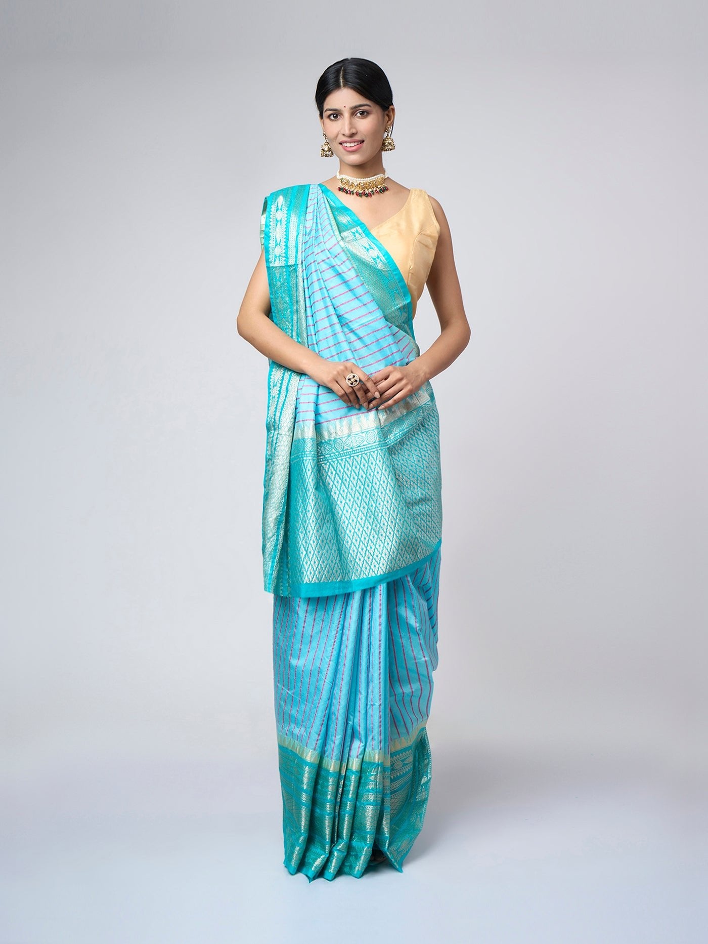 Taruja - Striped Sky blue silk blend saree with silver zari border - ZahratSaree
