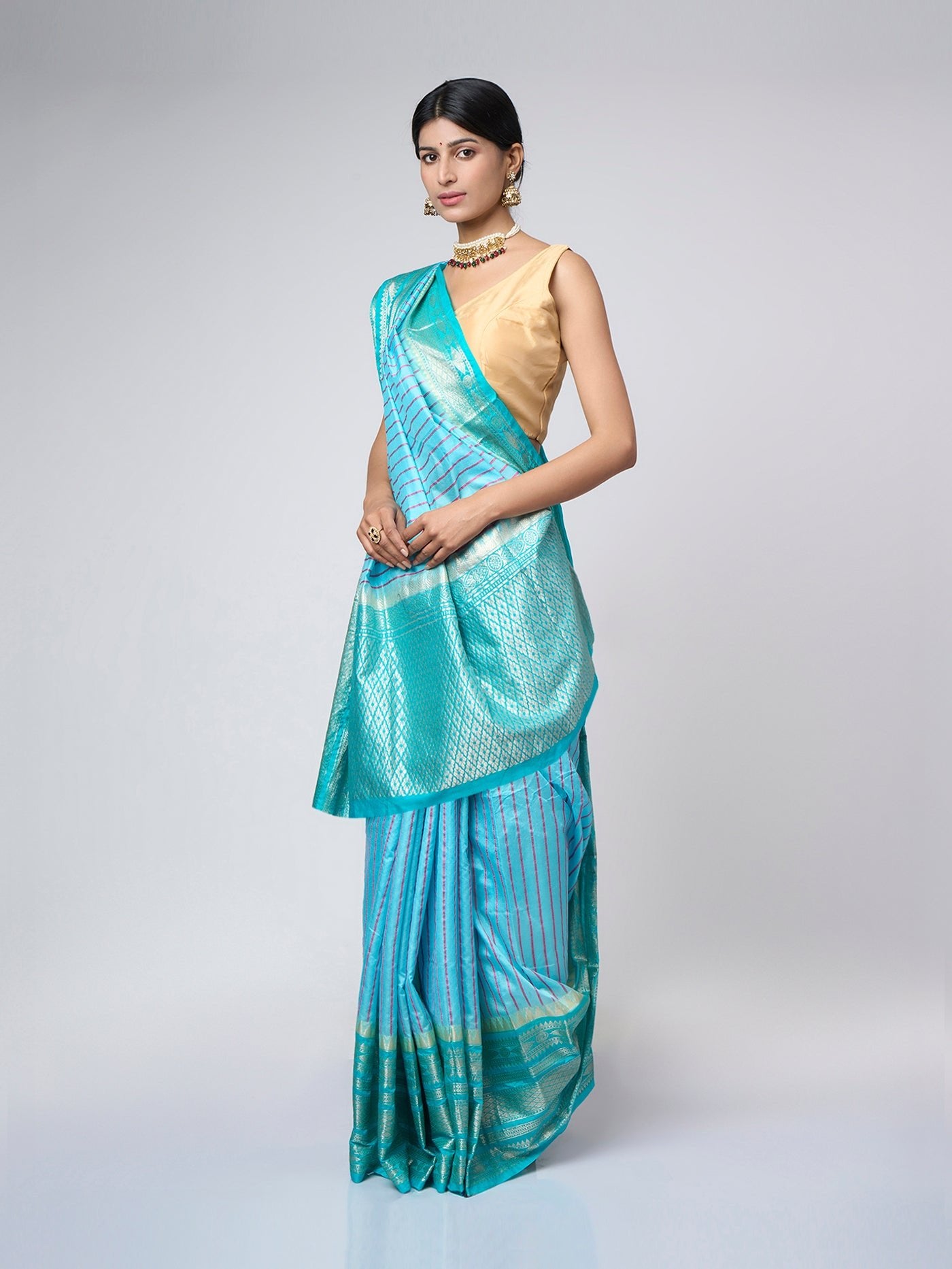 Taruja - Striped Sky blue silk blend saree with silver zari border - ZahratSaree