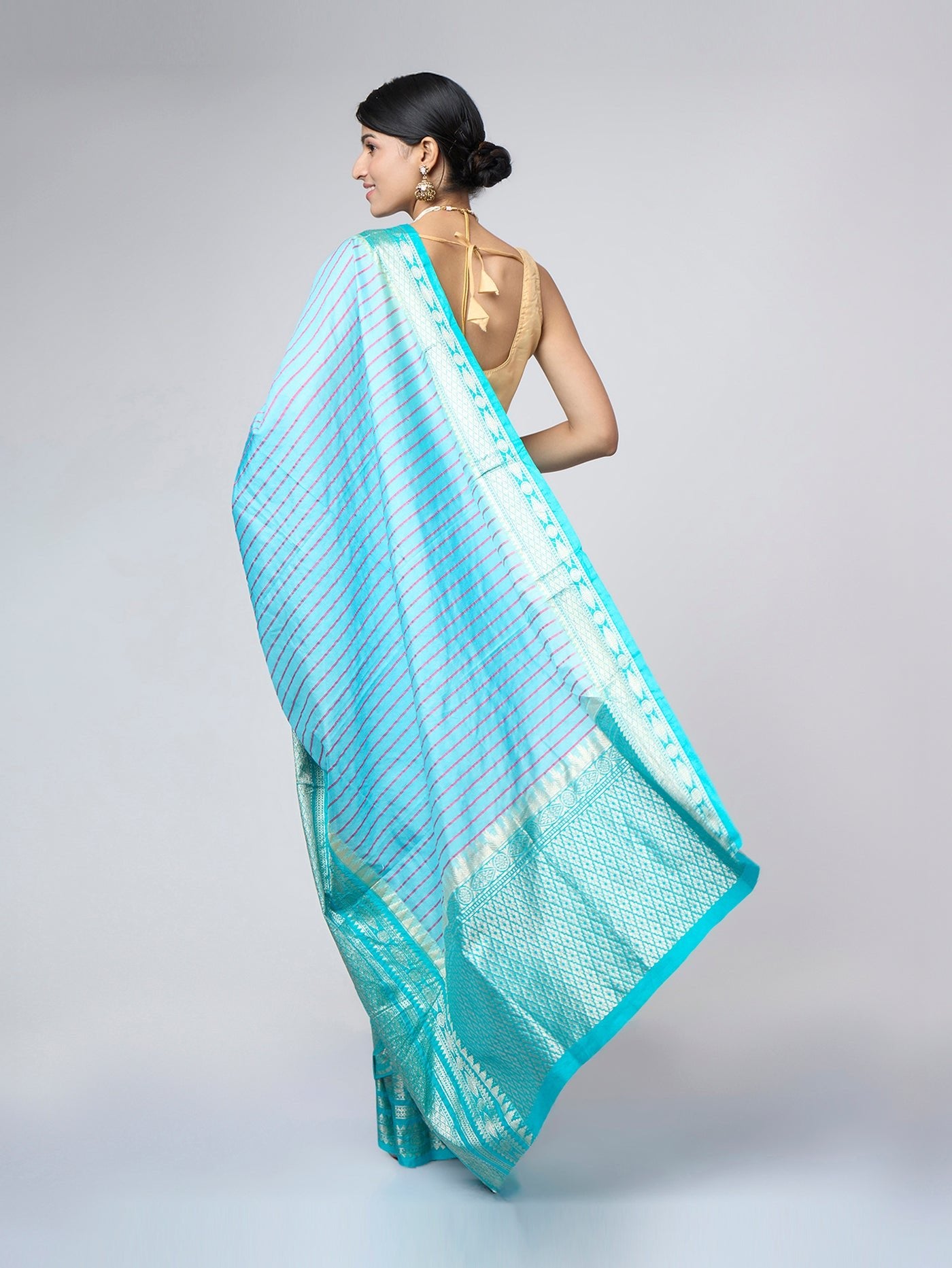 Taruja - Striped Sky blue silk blend saree with silver zari border - ZahratSaree