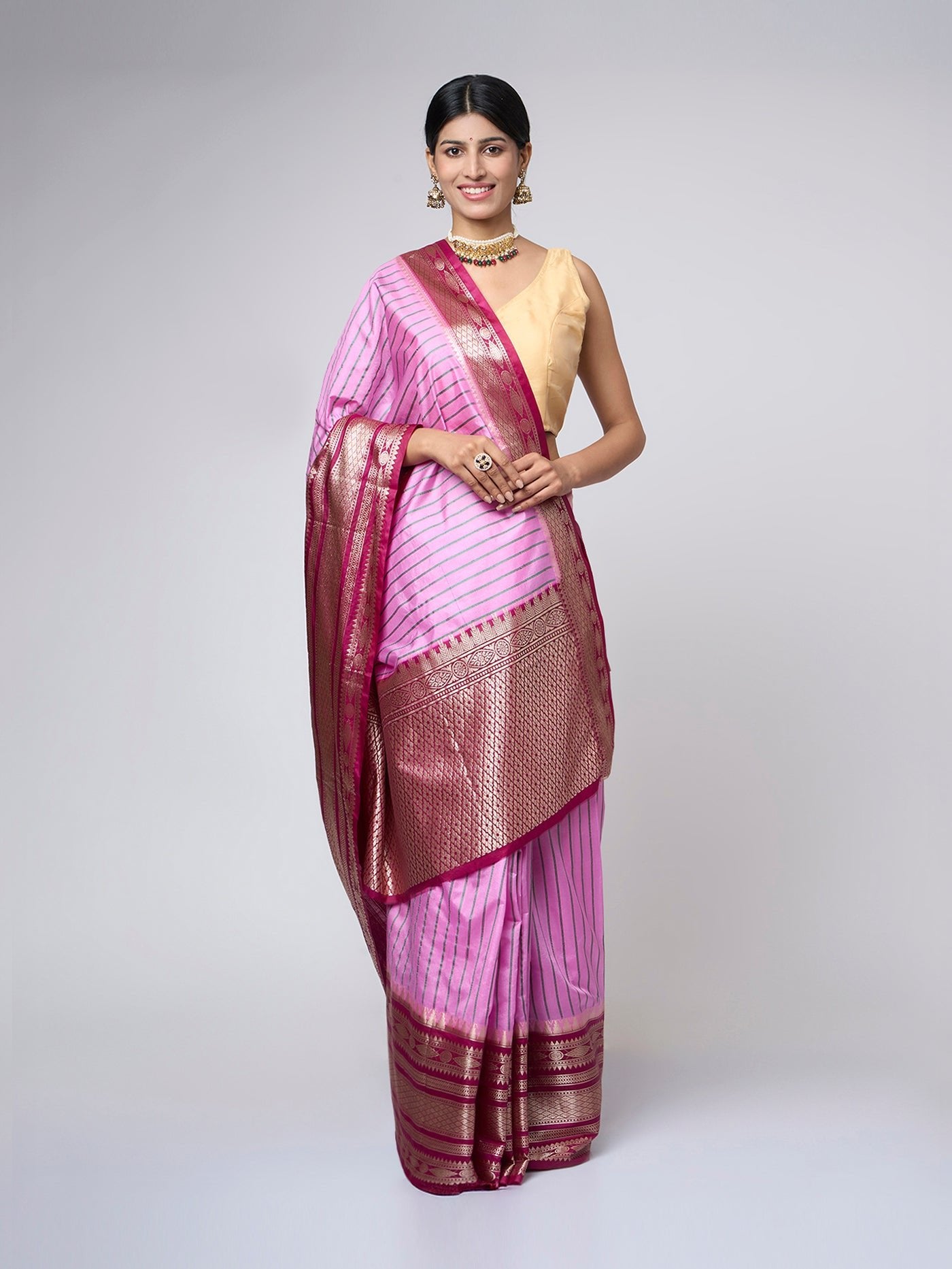 Ruhika - Pink silk blend saree with gold - silver zari - ZahratSaree