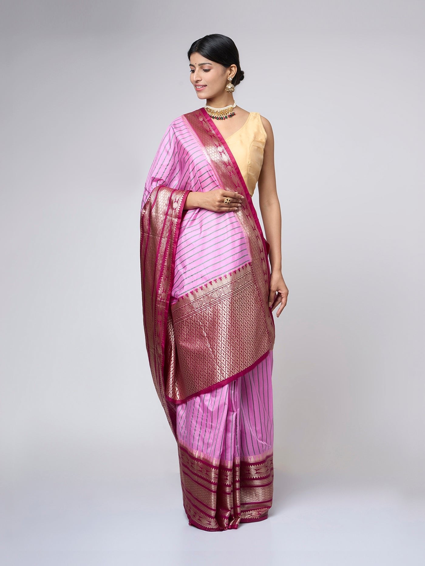 Ruhika - Pink silk blend saree with gold - silver zari - ZahratSaree