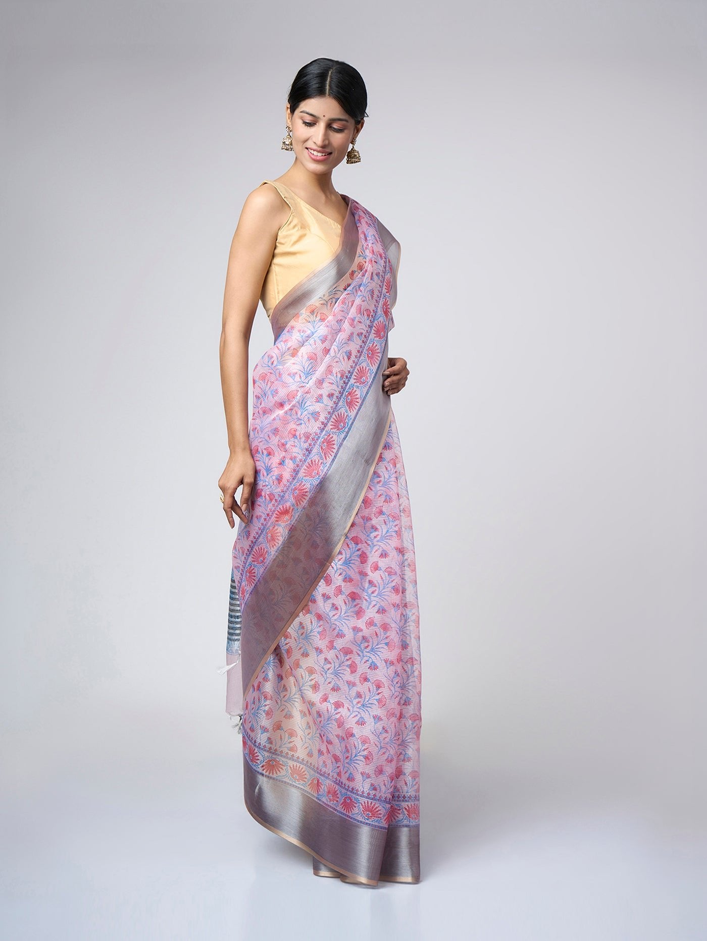 Gulrosa – Lightweight Pink Digital Print Saree with Silver - Grey Botanical Border - ZahratSaree