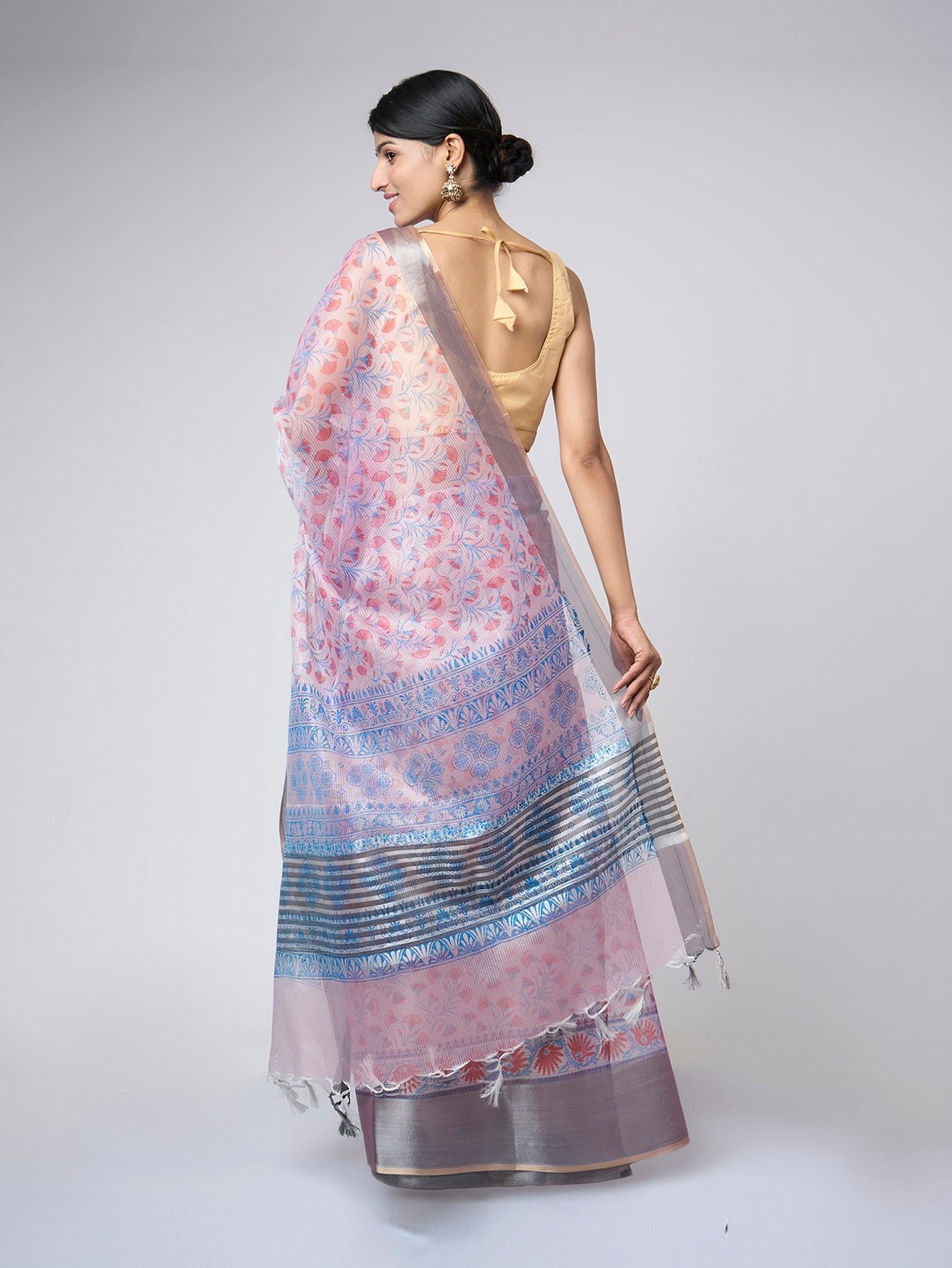 Gulrosa – Lightweight Pink Digital Print Saree with Silver - Grey Botanical Border - ZahratSaree