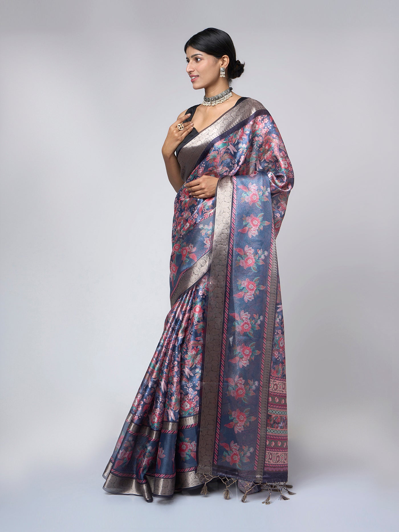 Azure Bloom – Light Blue Printed Saree with Silver Floral Border - ZahratSaree