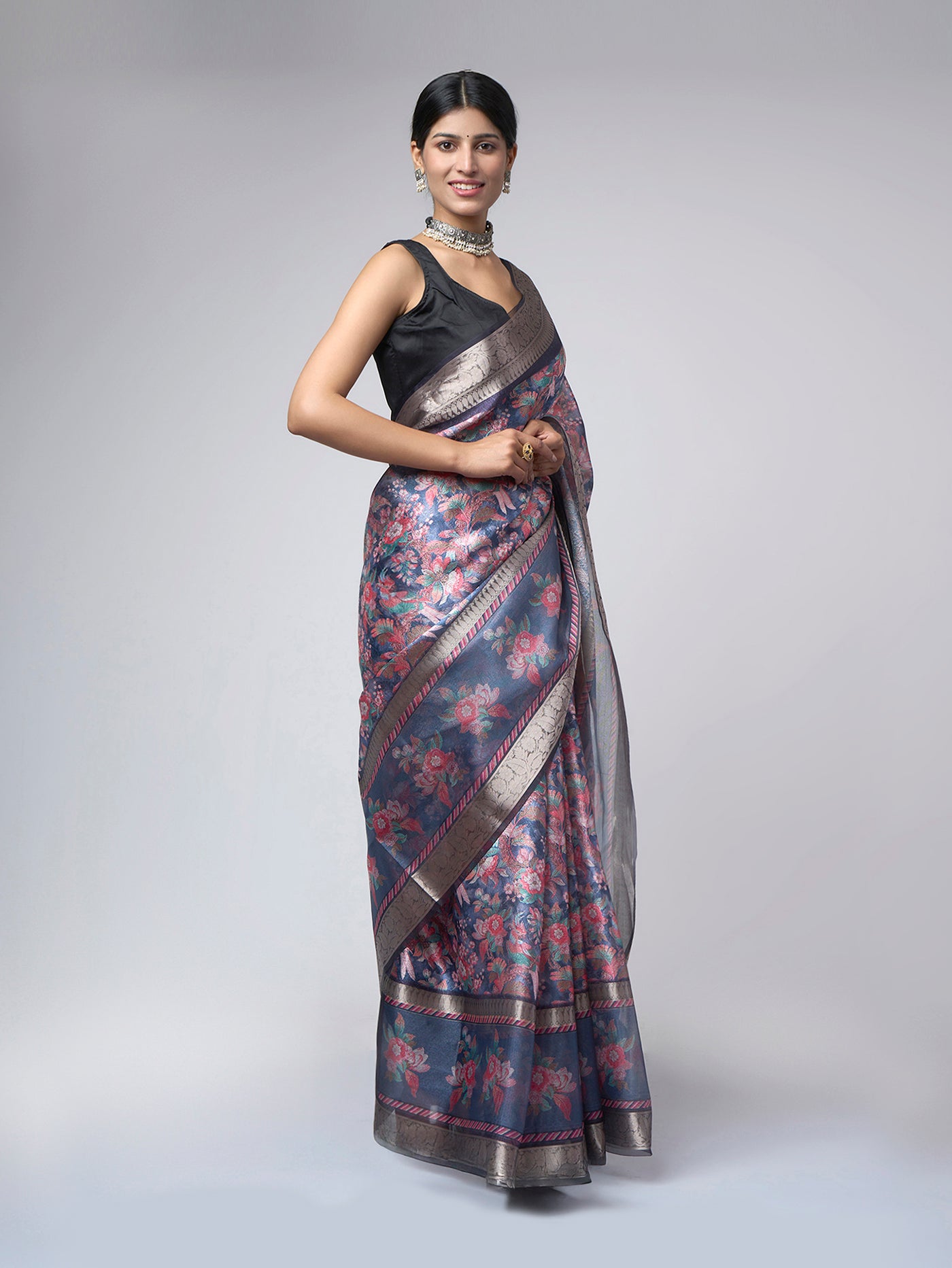 Azure Bloom – Light Blue Printed Saree with Silver Floral Border - ZahratSaree