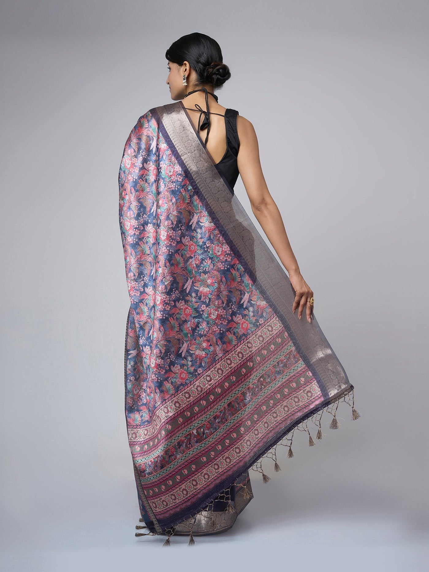 Azure Bloom – Light Blue Printed Saree with Silver Floral Border - ZahratSaree