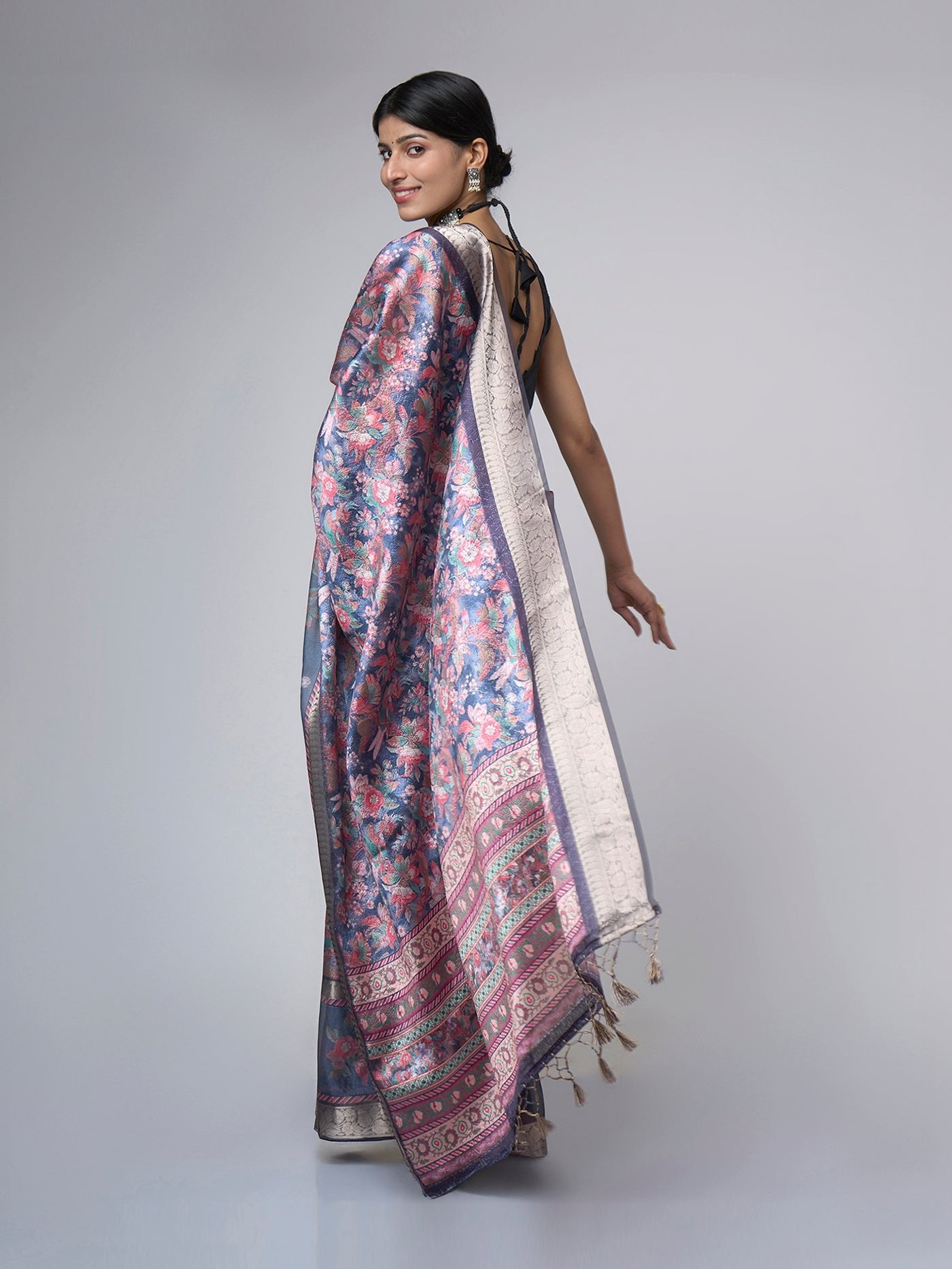 Azure Bloom – Light Blue Printed Saree with Silver Floral Border - ZahratSaree