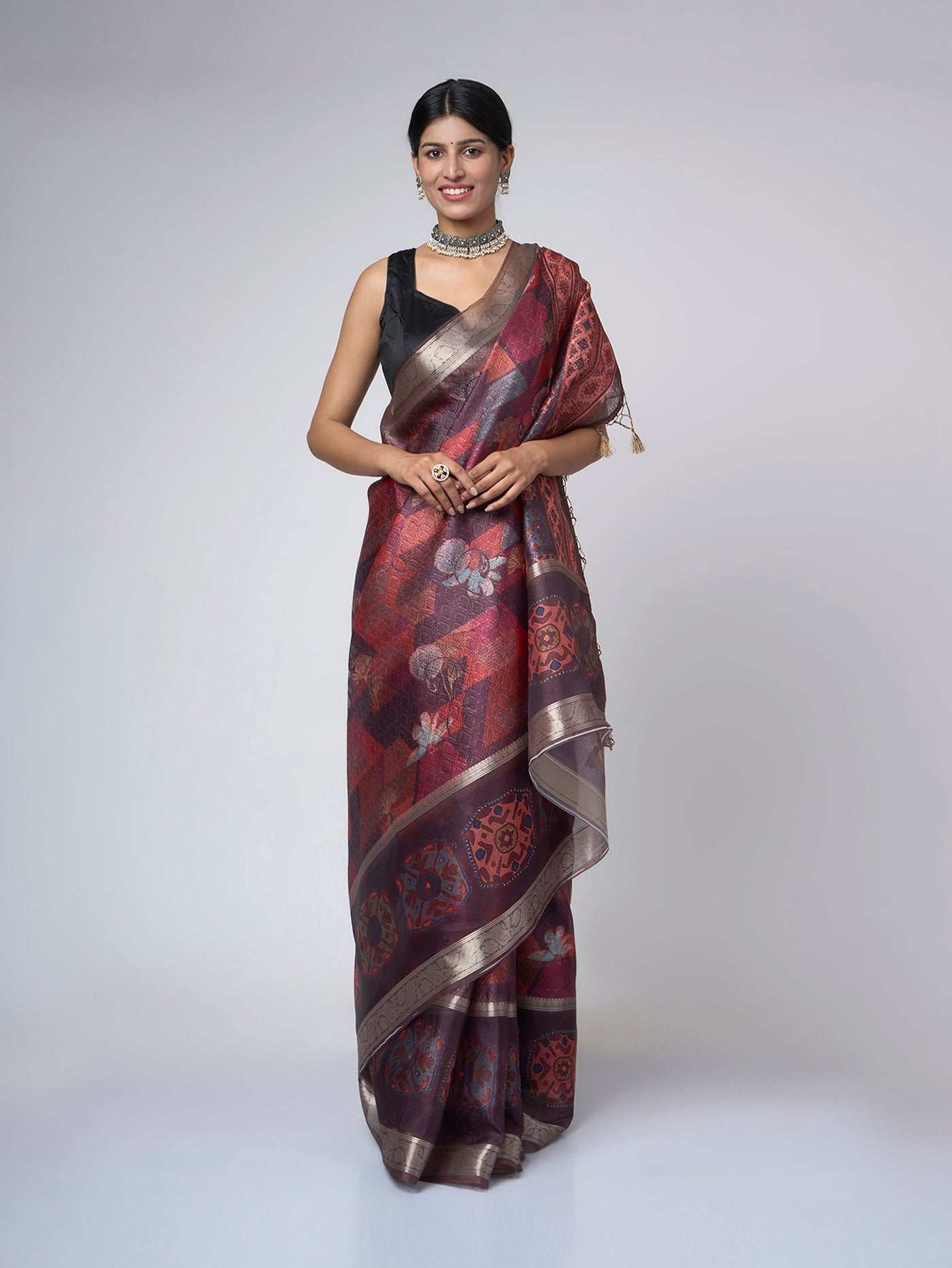Hazelyn – Brown - Maroon Printed Saree with Geometric Floral Motifs & Metallic Border - ZahratSaree