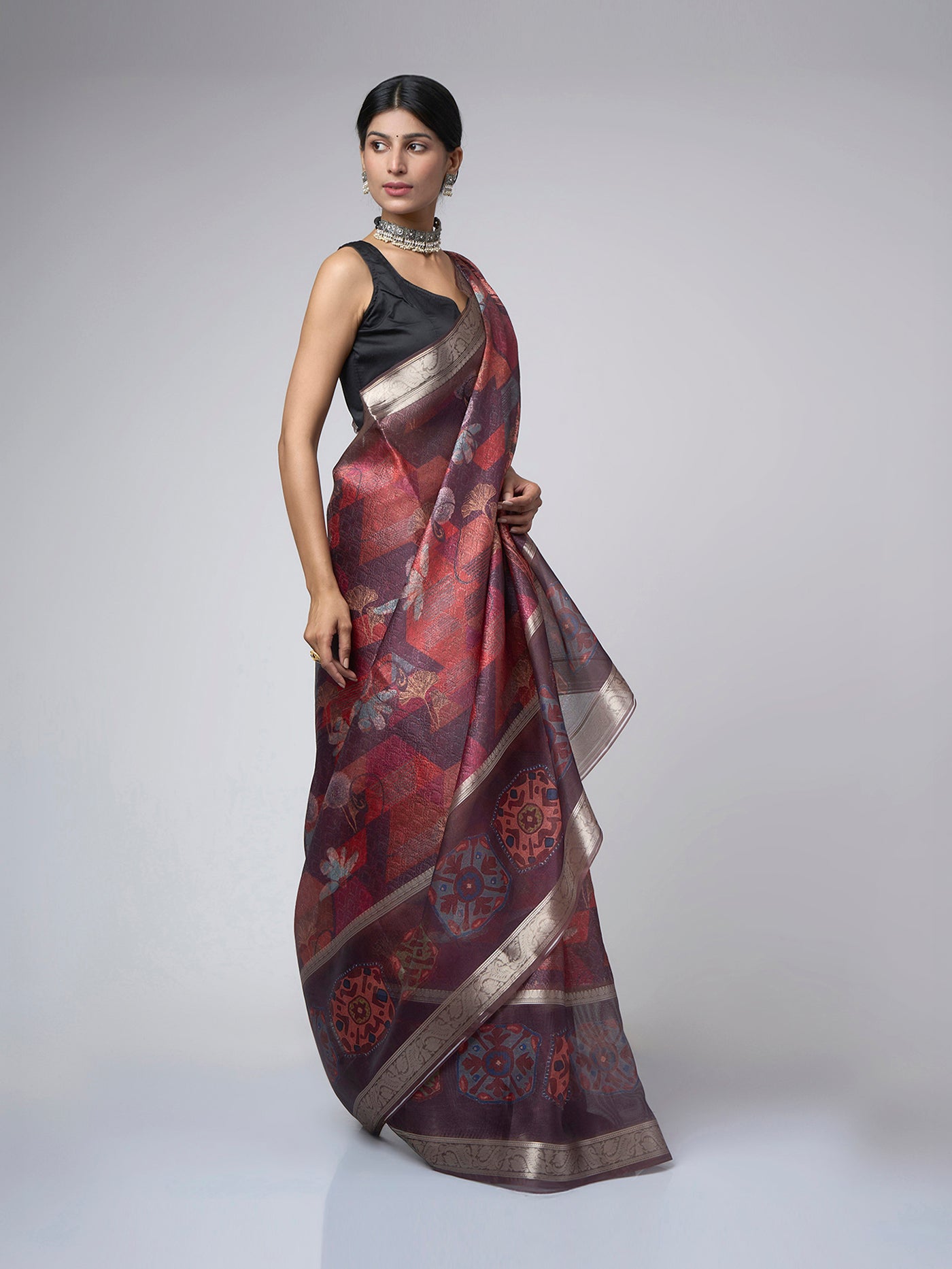 Hazelyn – Brown - Maroon Printed Saree with Geometric Floral Motifs & Metallic Border - ZahratSaree