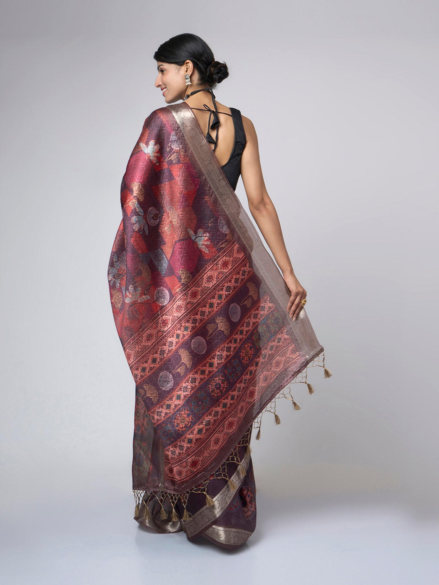 Hazelyn – Brown - Maroon Printed Saree with Geometric Floral Motifs & Metallic Border - ZahratSaree