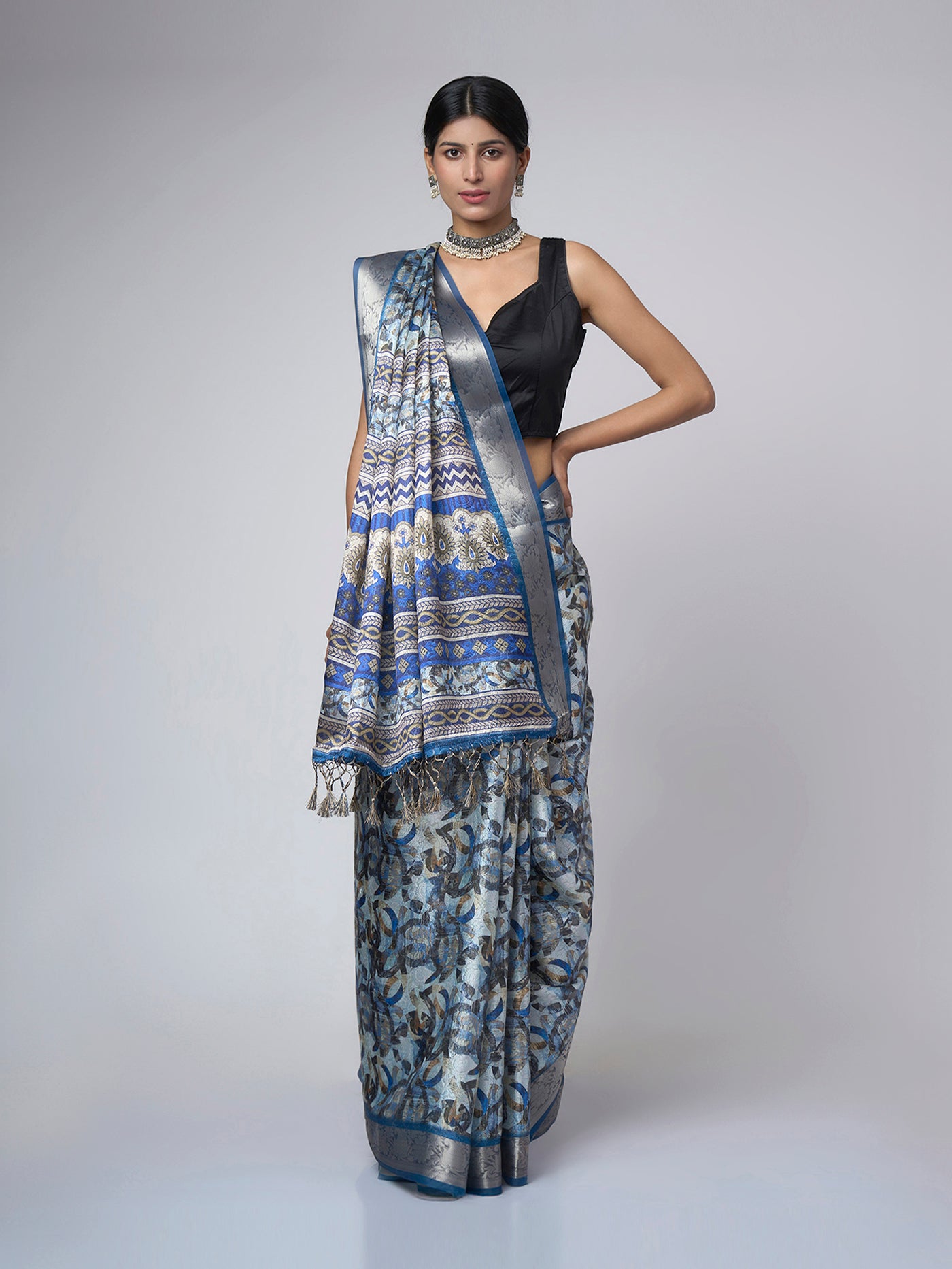 Iris Mist – Blue Digital Print Saree with White - Grey Patterns & Silver Border - ZahratSaree