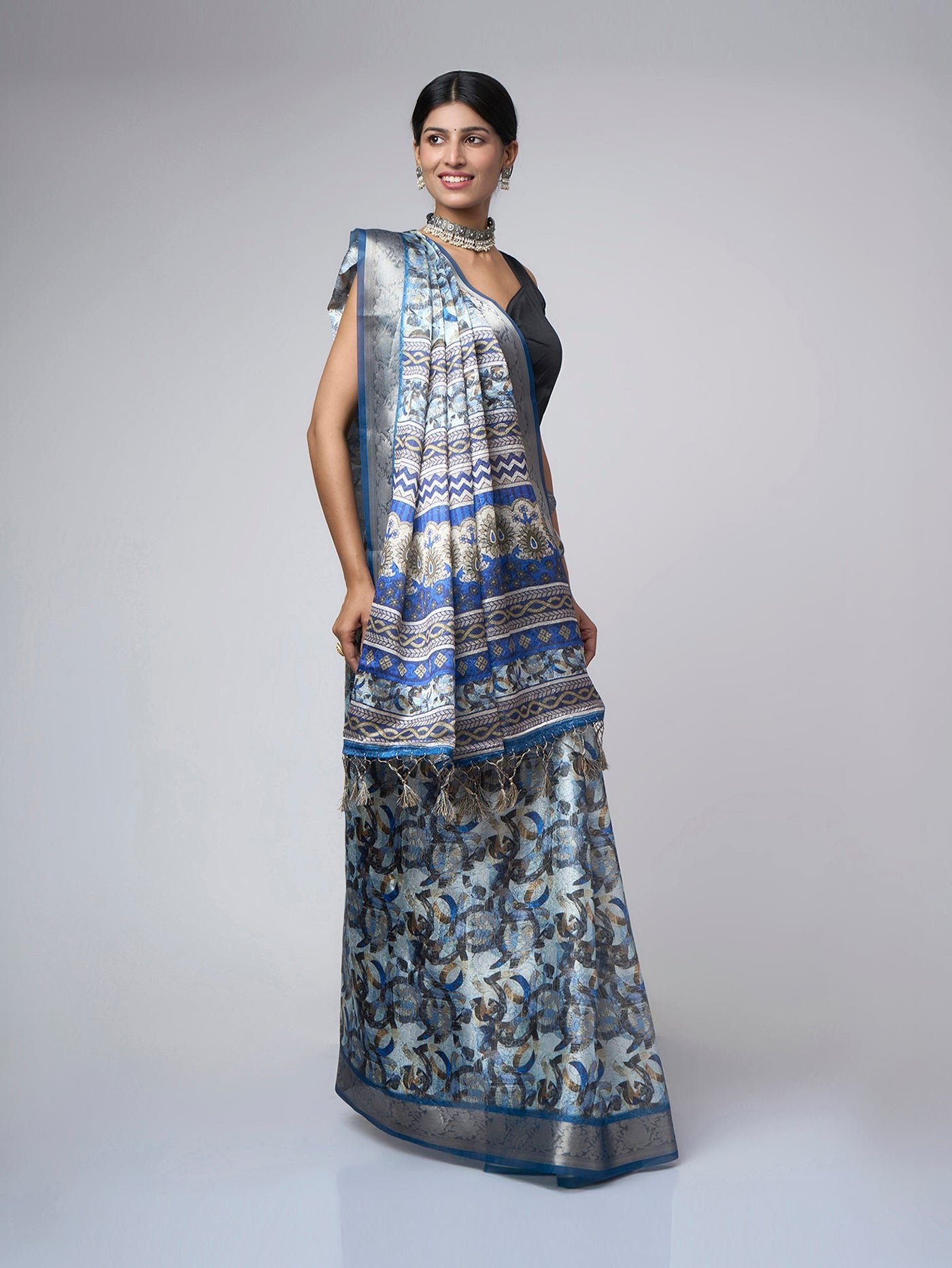 Iris Mist – Blue Digital Print Saree with White - Grey Patterns & Silver Border - ZahratSaree