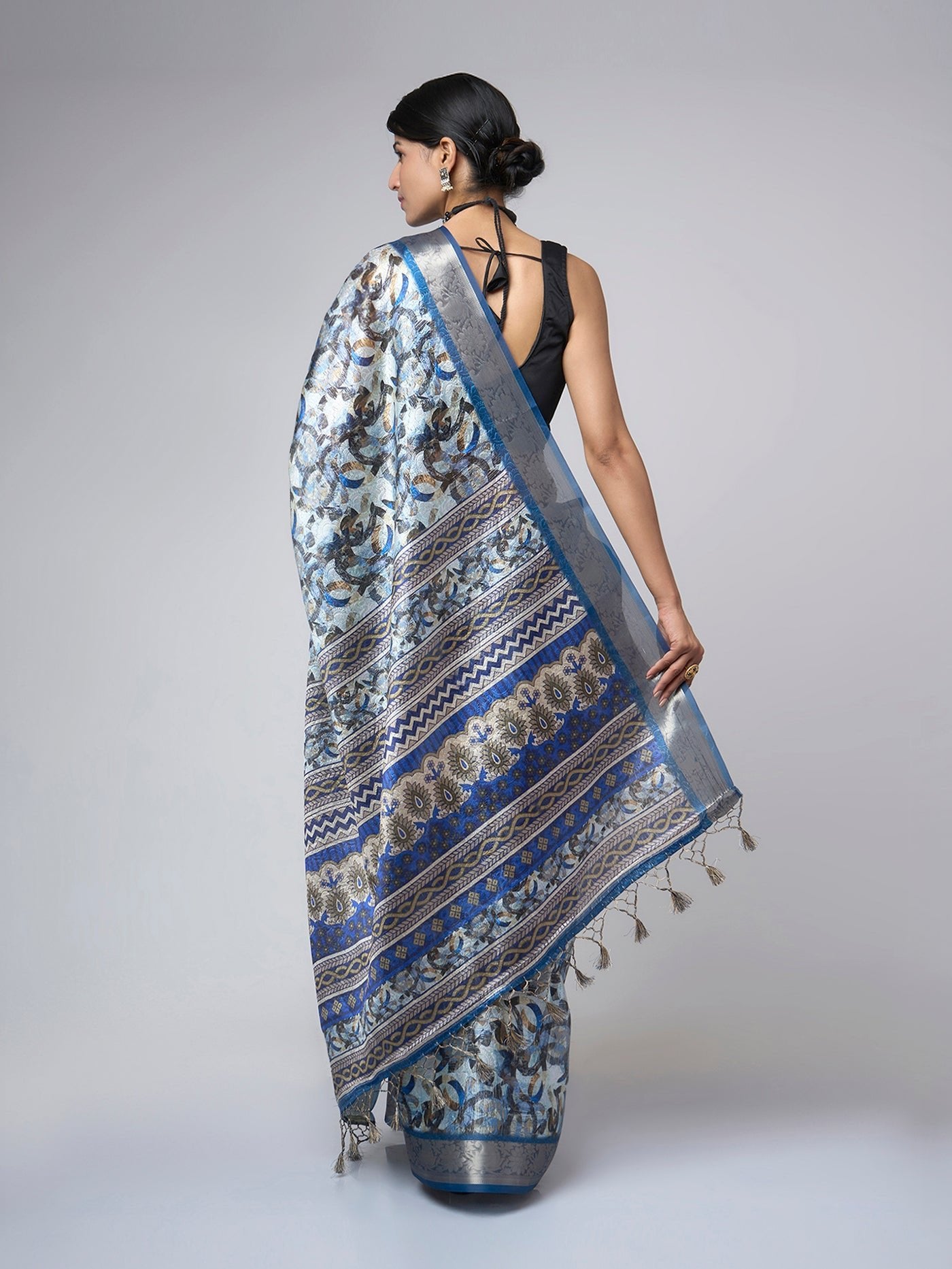 Iris Mist – Blue Digital Print Saree with White - Grey Patterns & Silver Border - ZahratSaree
