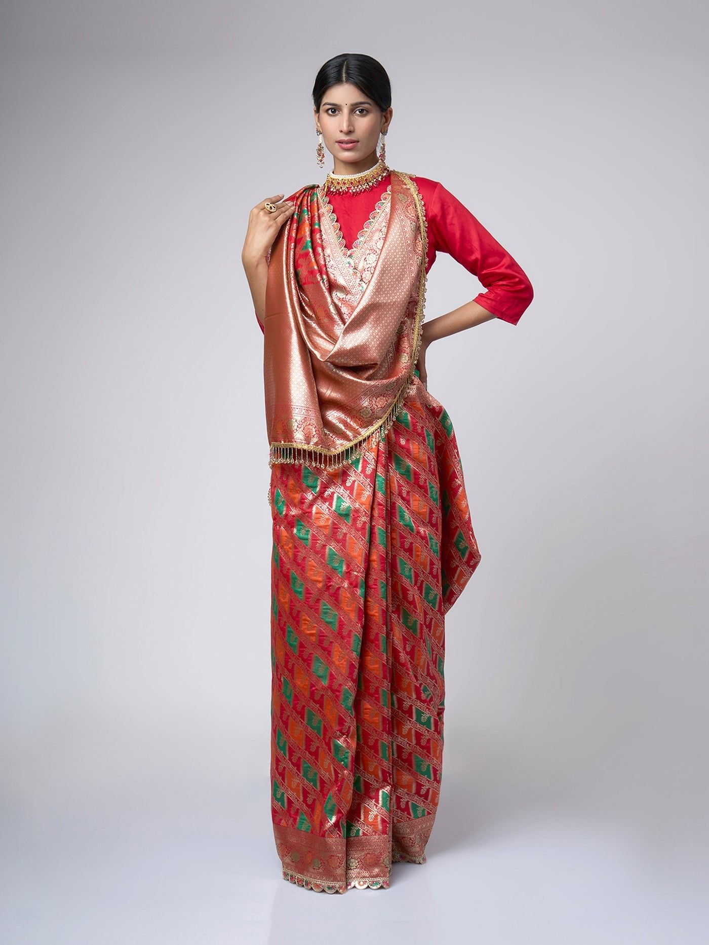 Rangreza – Red Rangkat Saree with Multicolor Patterns & Gold Zari - ZahratSaree