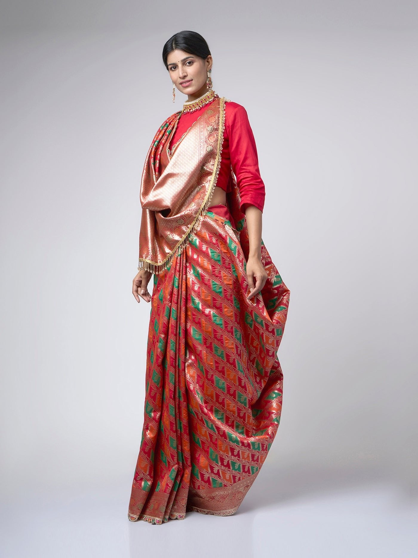 Rangreza – Red Rangkat Saree with Multicolor Patterns & Gold Zari - ZahratSaree