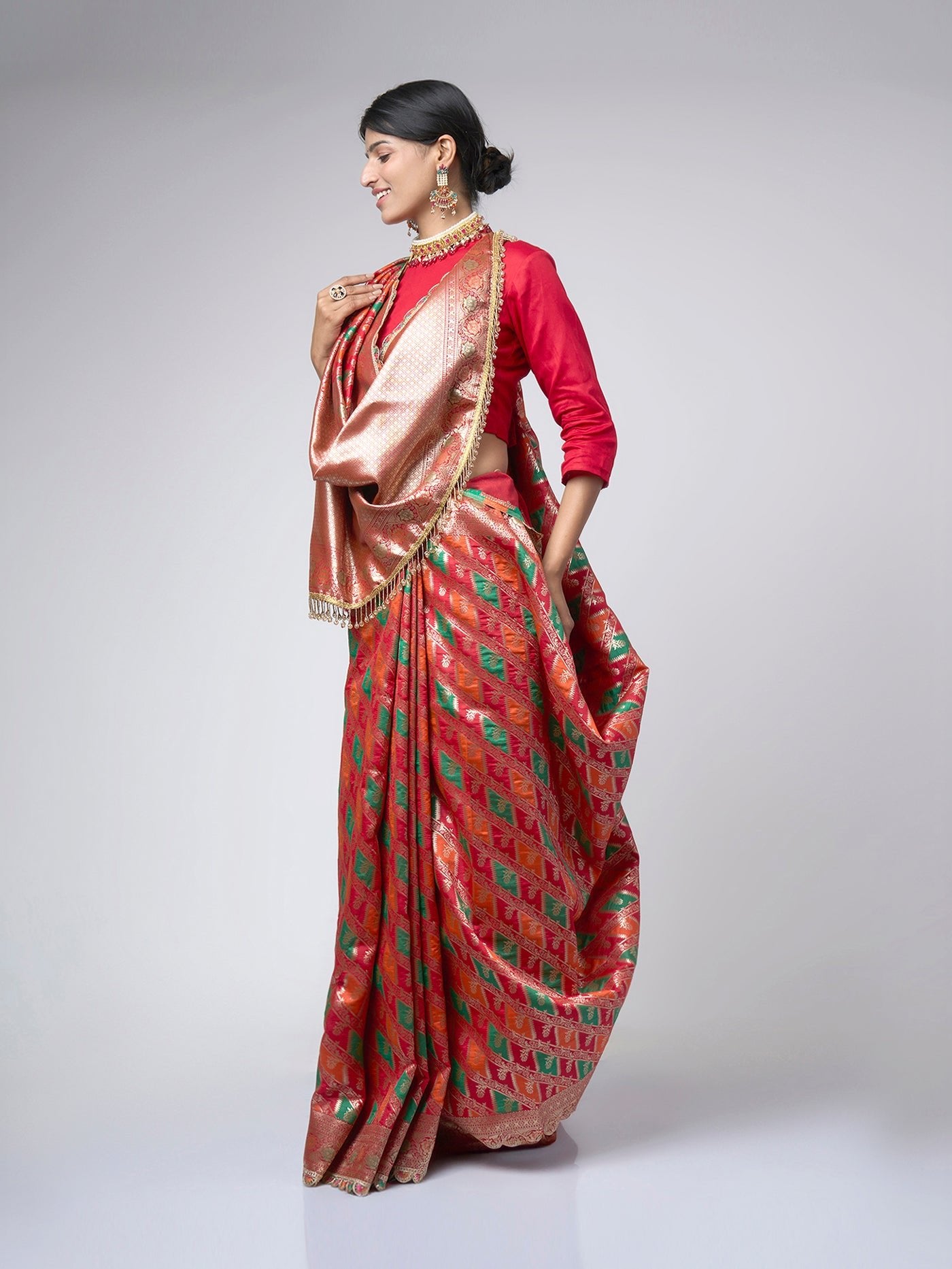 Rangreza – Red Rangkat Saree with Multicolor Patterns & Gold Zari - ZahratSaree