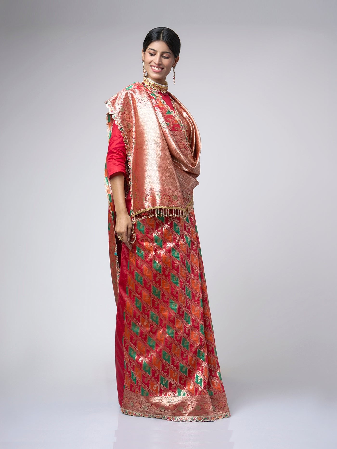Rangreza – Red Rangkat Saree with Multicolor Patterns & Gold Zari - ZahratSaree