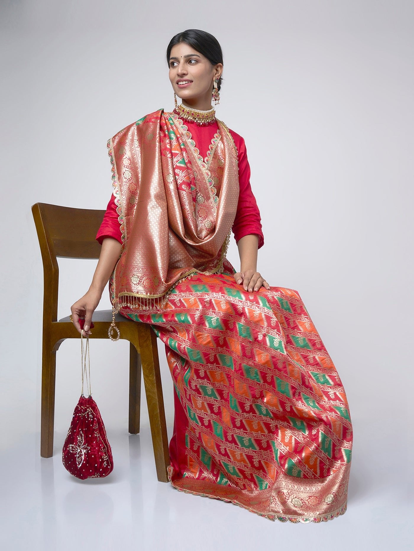 Rangreza – Red Rangkat Saree with Multicolor Patterns & Gold Zari - ZahratSaree