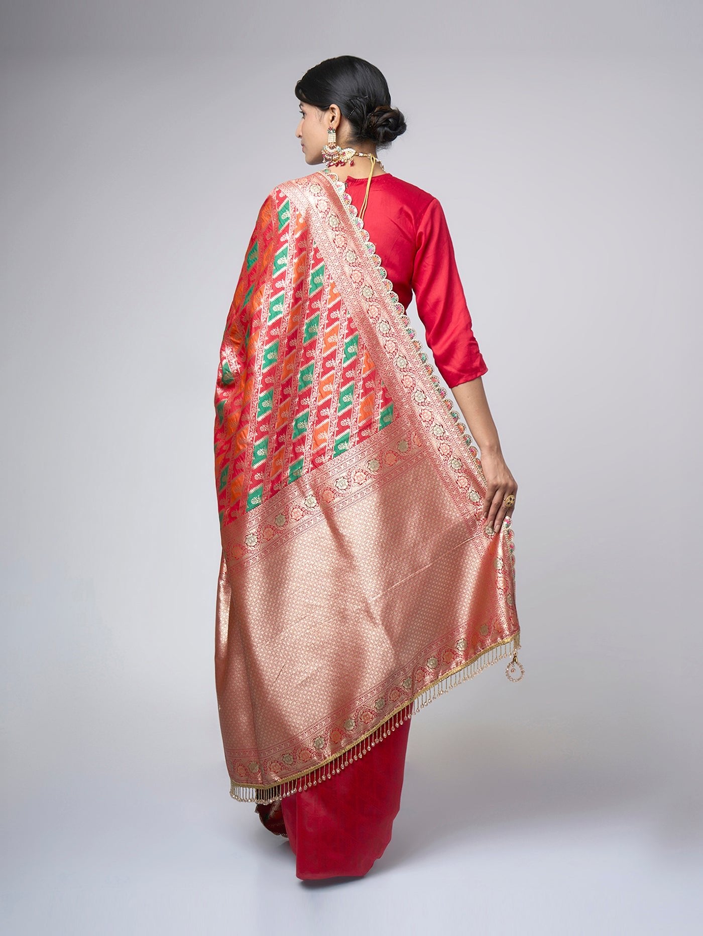 Rangreza – Red Rangkat Saree with Multicolor Patterns & Gold Zari - ZahratSaree