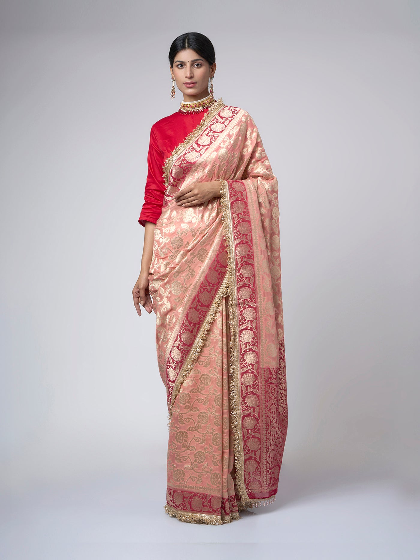 Rang - e - Mehfil – Soft Peach Chiffon Saree with Gold & Maroon Floral Zari - ZahratSaree