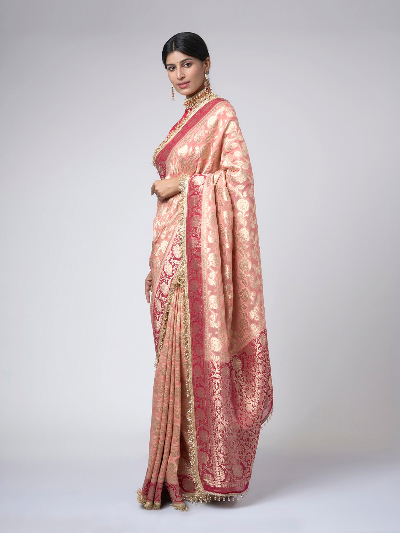 Rang - e - Mehfil – Soft Peach Chiffon Saree with Gold & Maroon Floral Zari - ZahratSaree