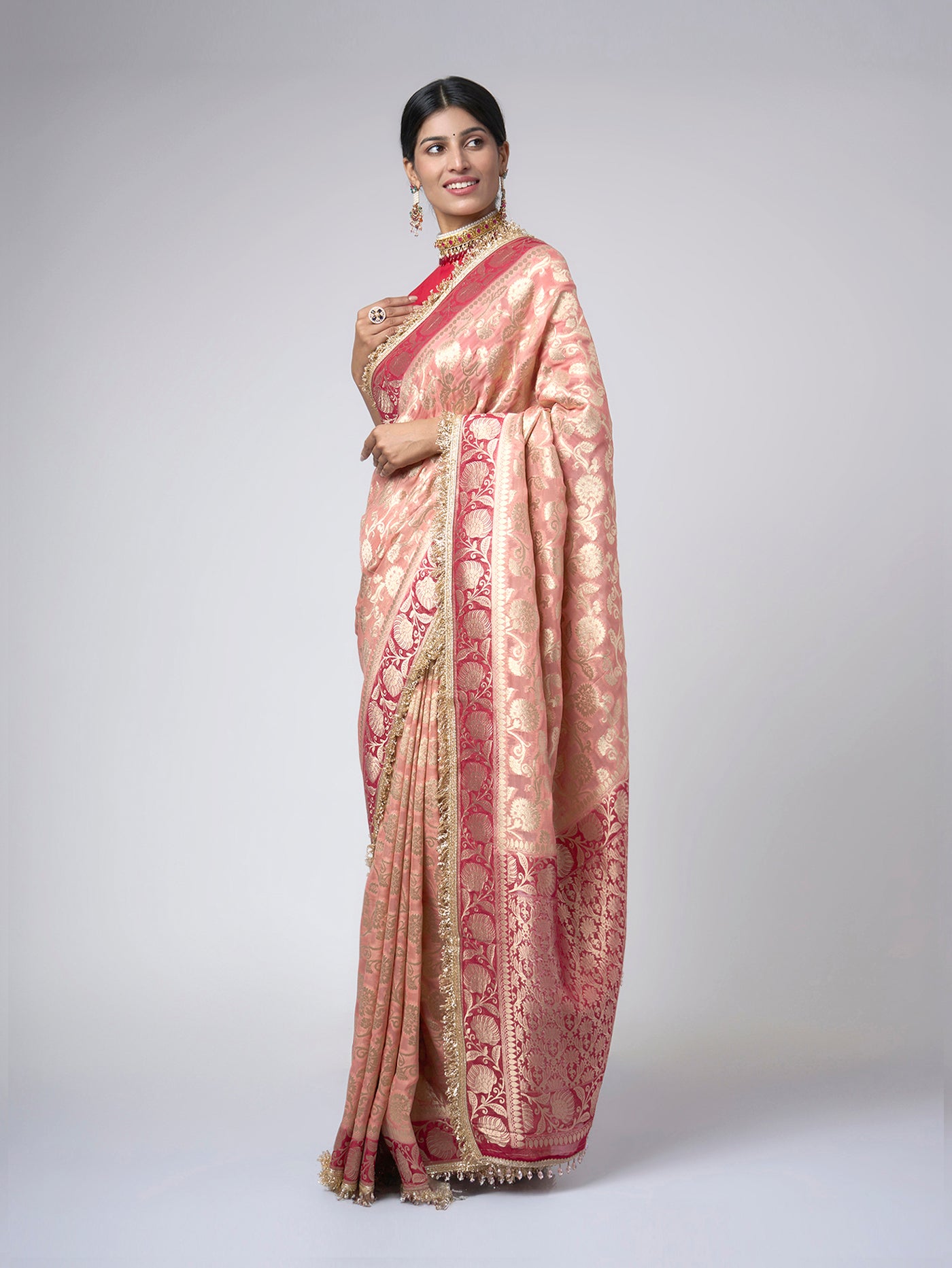Rang - e - Mehfil – Soft Peach Chiffon Saree with Gold & Maroon Floral Zari - ZahratSaree