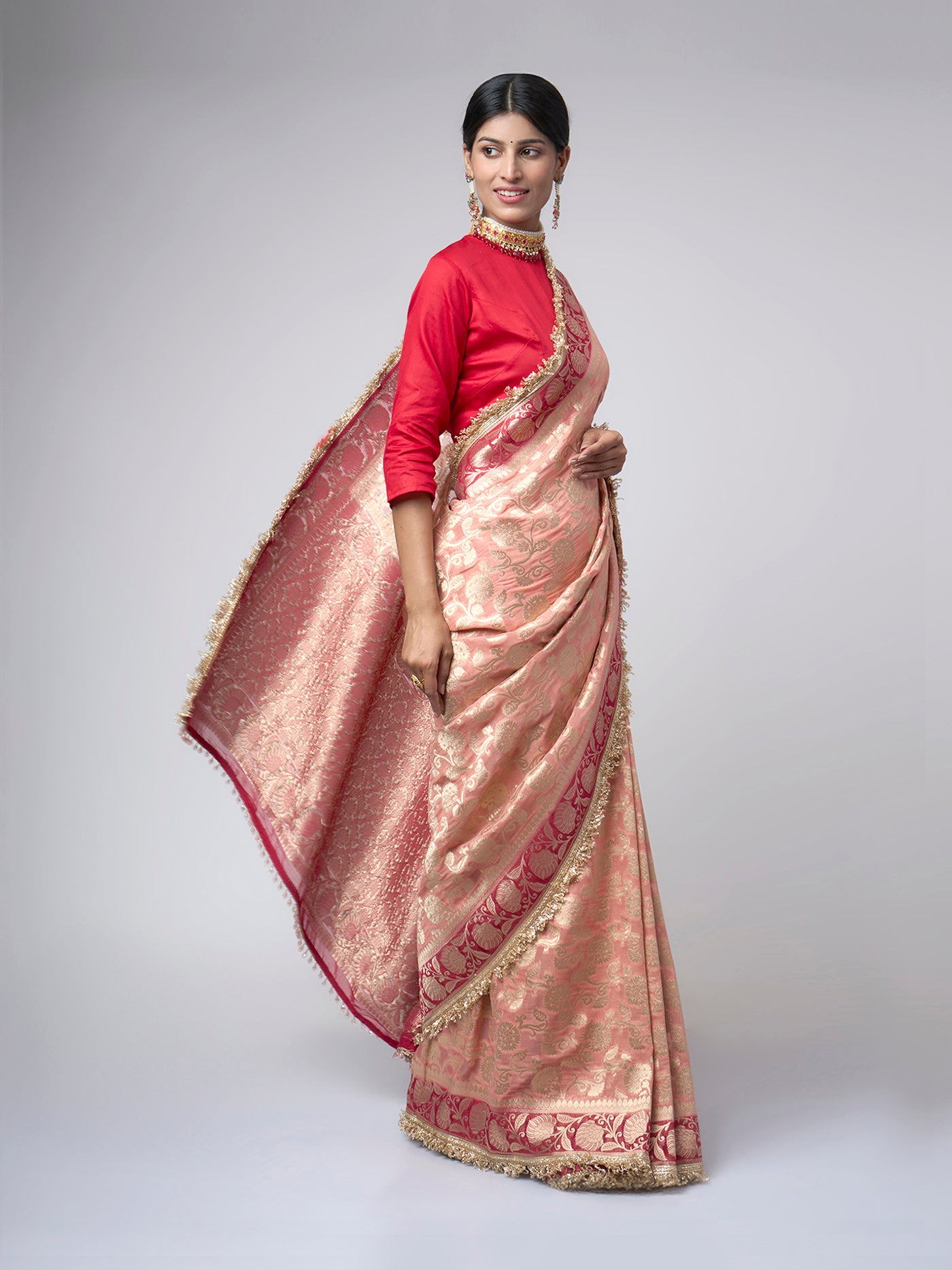 Rang - e - Mehfil – Soft Peach Chiffon Saree with Gold & Maroon Floral Zari - ZahratSaree