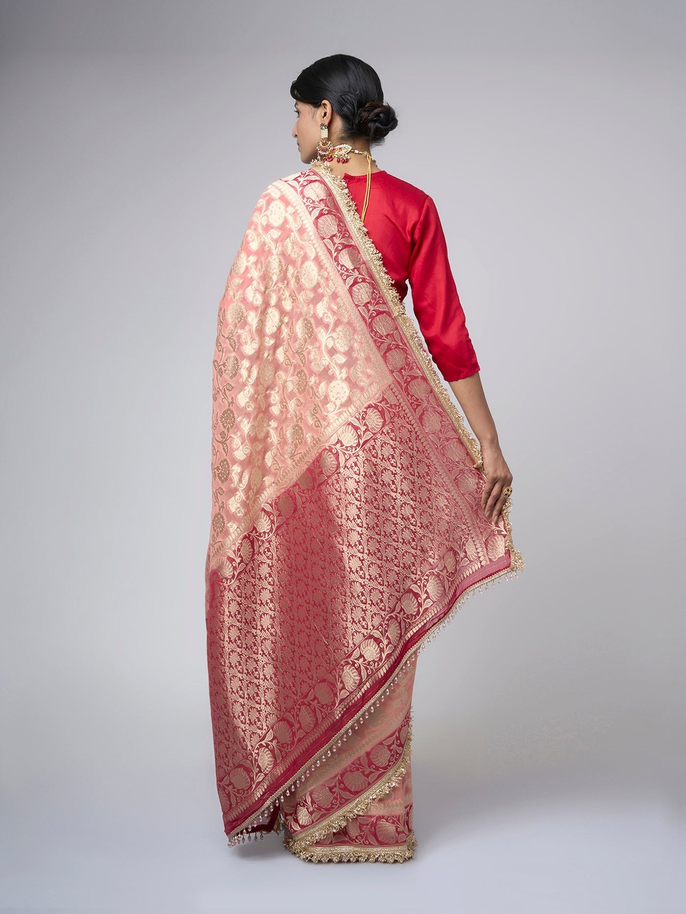 Rang - e - Mehfil – Soft Peach Chiffon Saree with Gold & Maroon Floral Zari - ZahratSaree