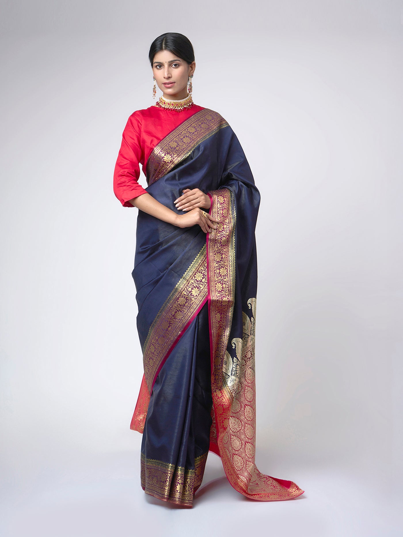 Shaam - e - Banaras: Navy Blue Saree with Banarasi Zari Border - ZahratSaree