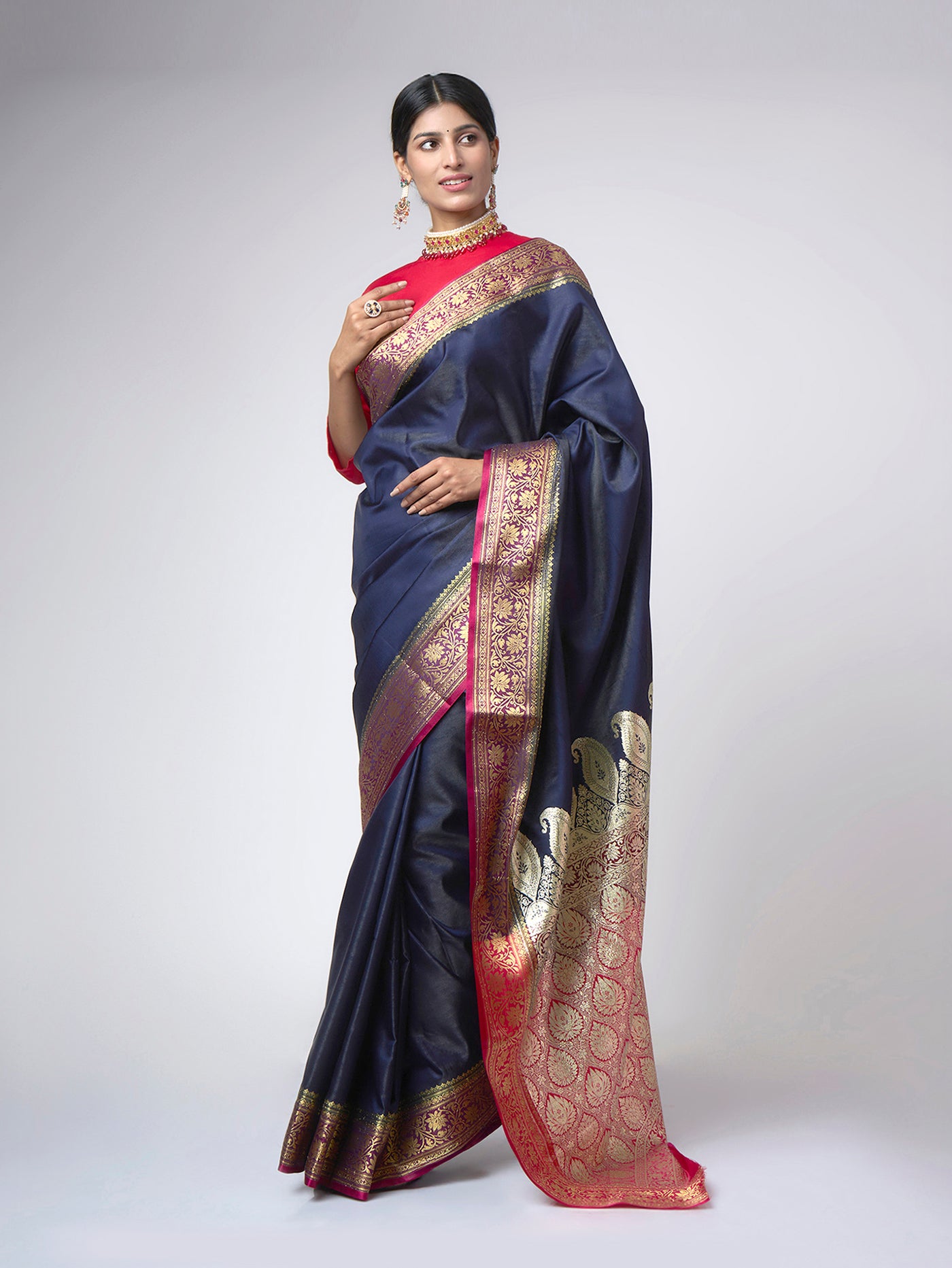 Shaam - e - Banaras: Navy Blue Saree with Banarasi Zari Border - ZahratSaree