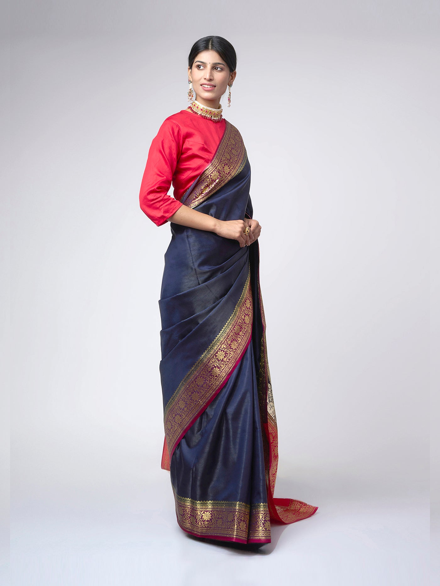 Shaam - e - Banaras: Navy Blue Saree with Banarasi Zari Border - ZahratSaree