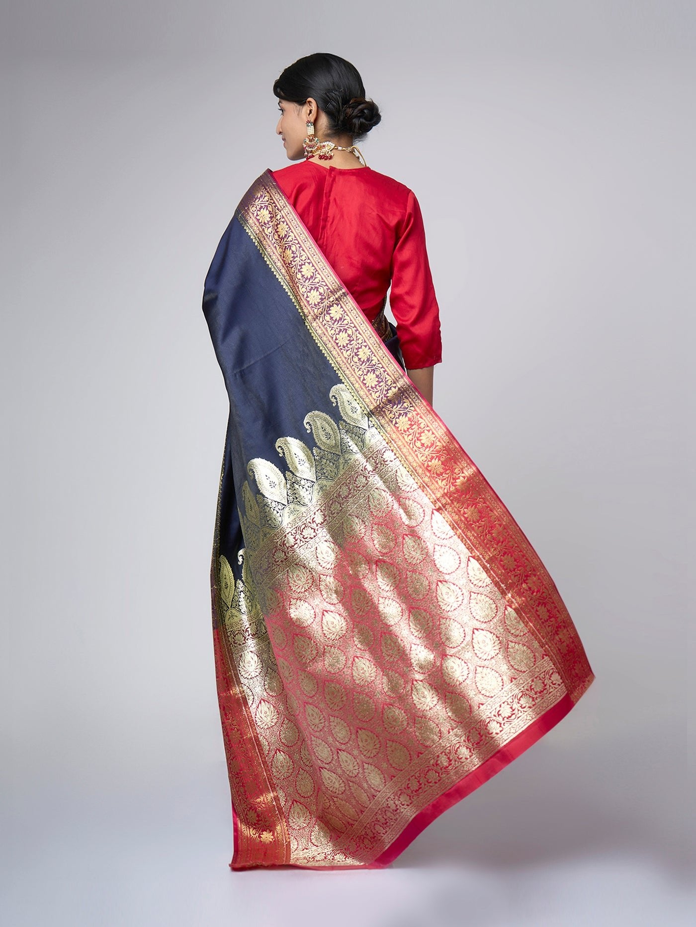 Shaam - e - Banaras: Navy Blue Saree with Banarasi Zari Border - ZahratSaree
