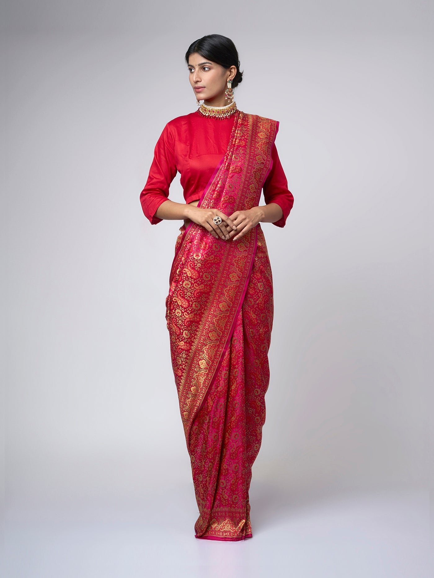 Rangmahal – Ruby Pink Tanchui Saree with Red & Gold Zari - ZahratSaree