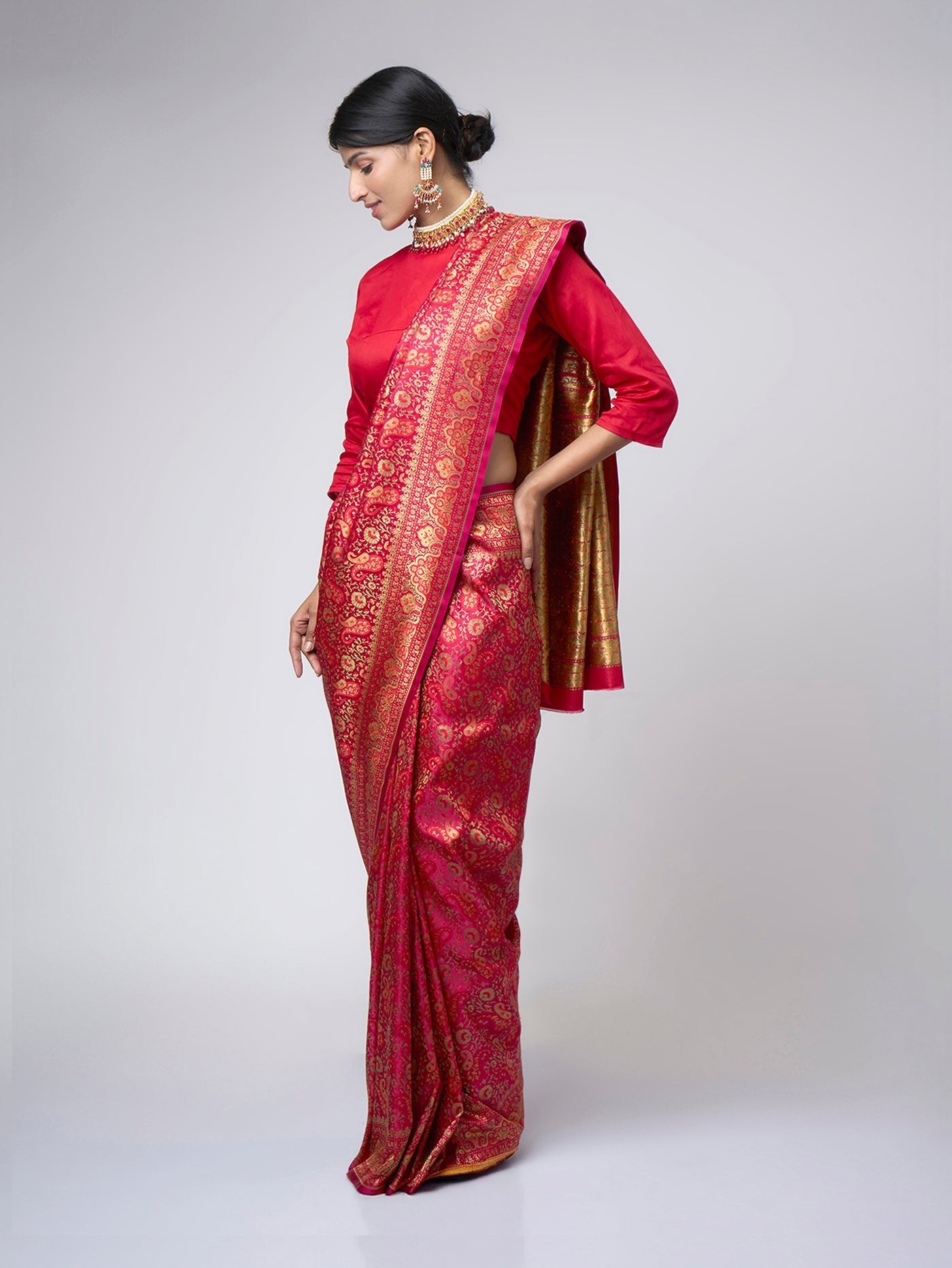 Rangmahal – Ruby Pink Tanchui Saree with Red & Gold Zari - ZahratSaree