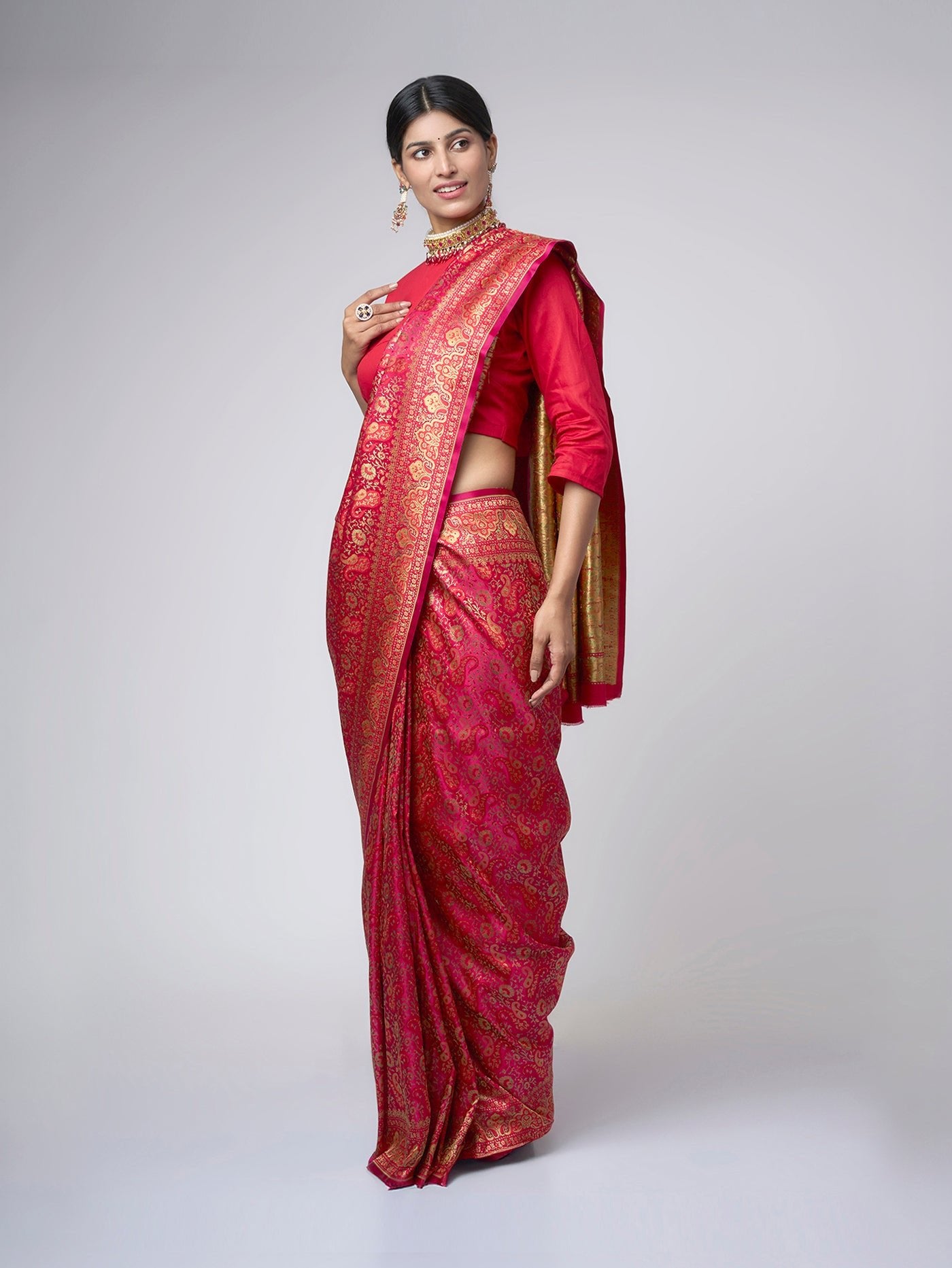 Rangmahal – Ruby Pink Tanchui Saree with Red & Gold Zari - ZahratSaree