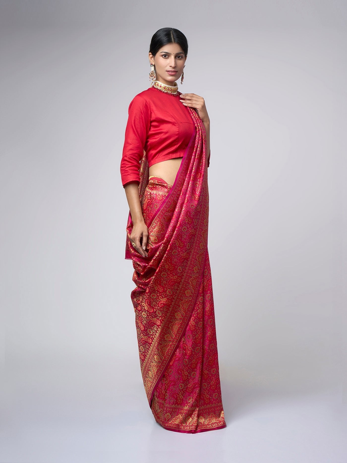 Rangmahal – Ruby Pink Tanchui Saree with Red & Gold Zari - ZahratSaree