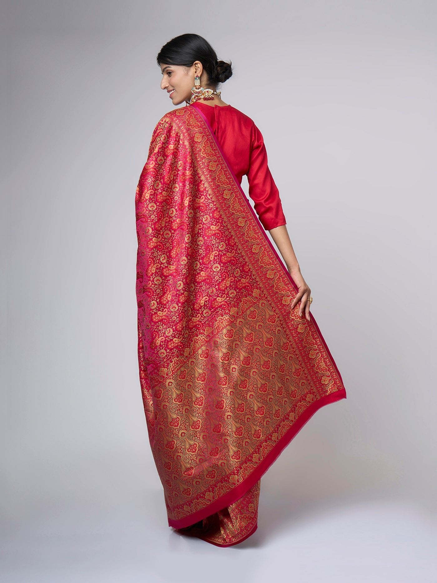 Rangmahal – Ruby Pink Tanchui Saree with Red & Gold Zari - ZahratSaree