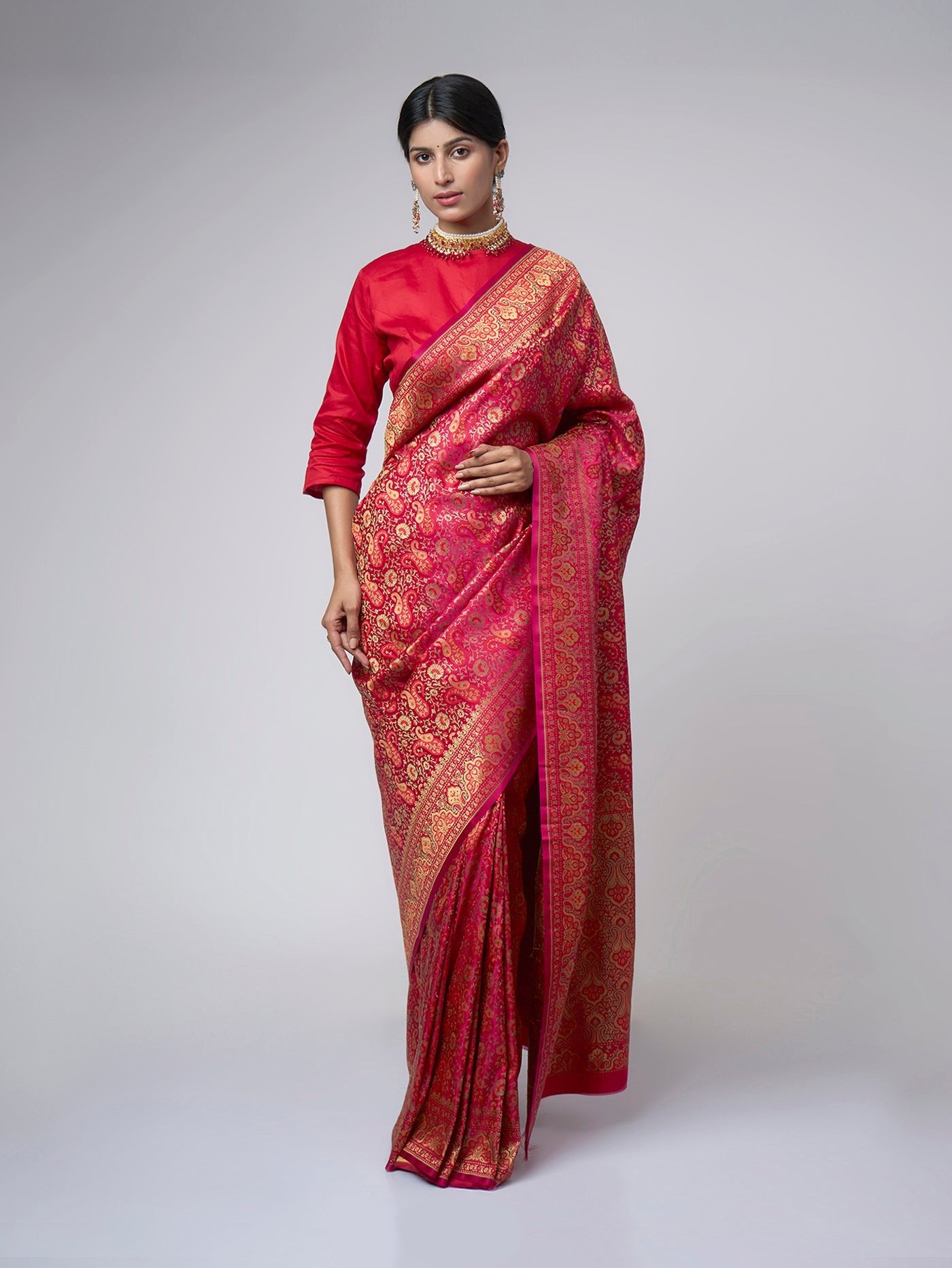 Rangmahal – Ruby Pink Tanchui Saree with Red & Gold Zari - ZahratSaree