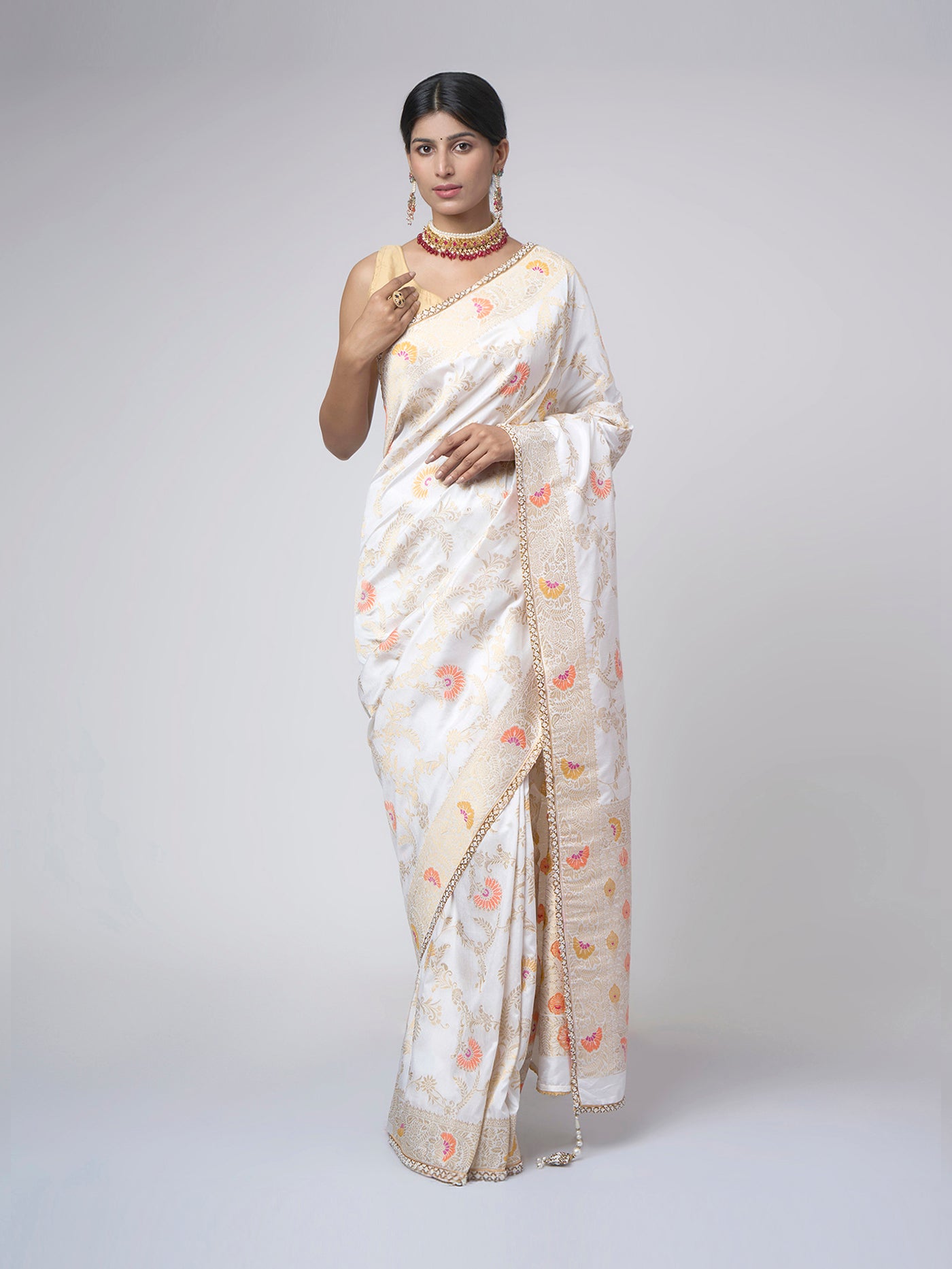 Sonali Phool – White Meenakari Saree with Orange Blossom - ZahratSaree
