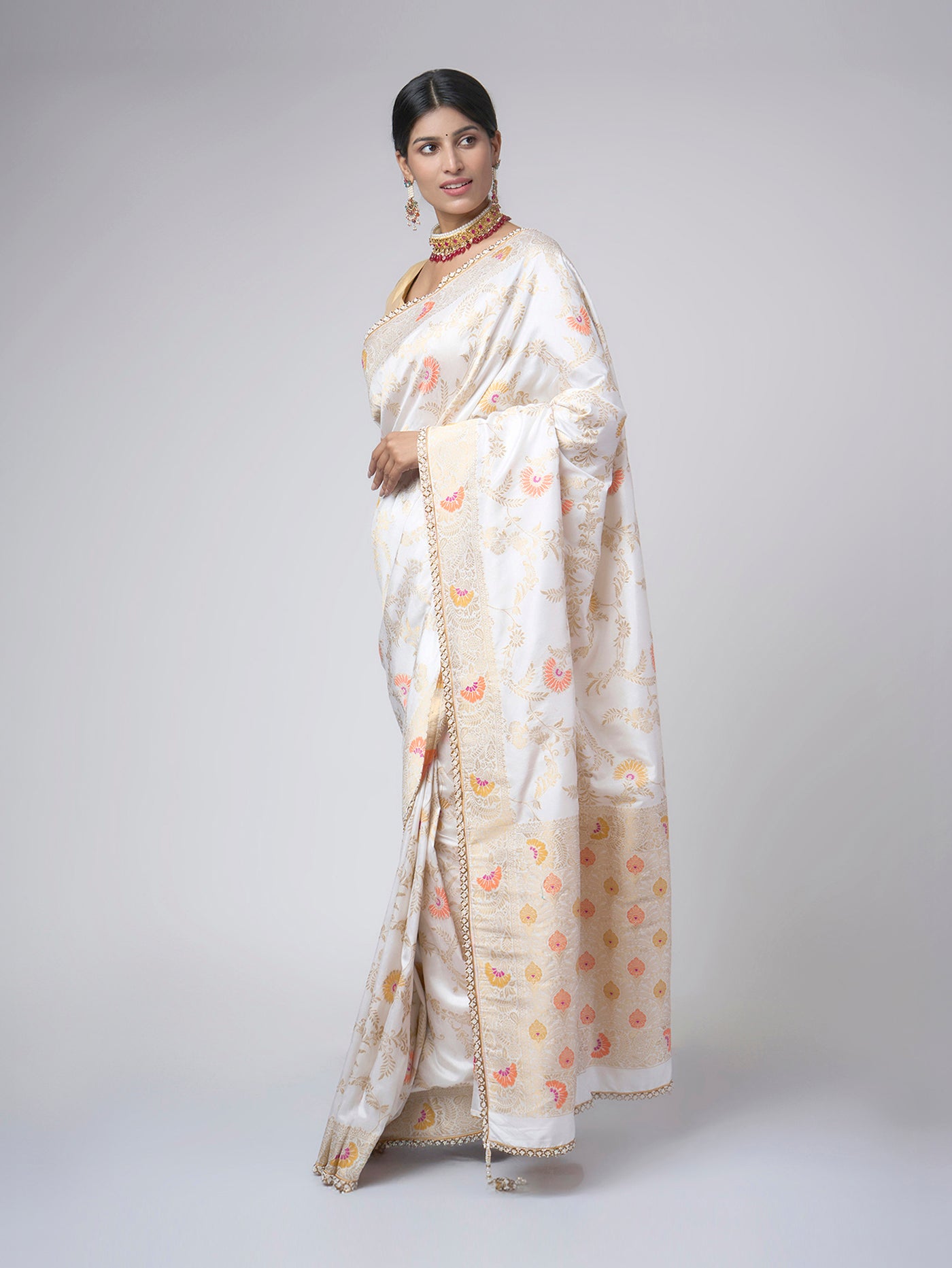 Sonali Phool – White Meenakari Saree with Orange Blossom - ZahratSaree