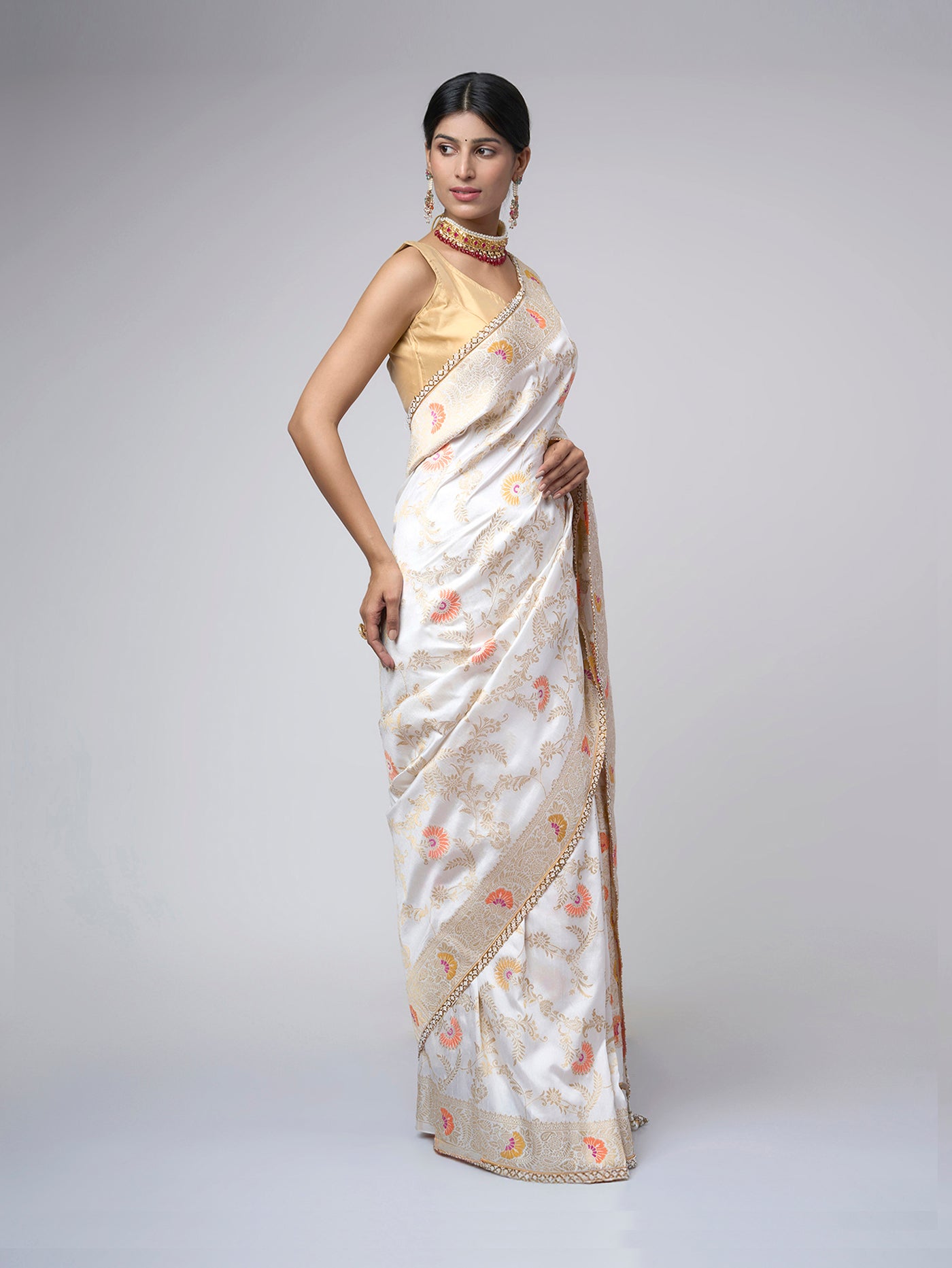 Sonali Phool – White Meenakari Saree with Orange Blossom - ZahratSaree