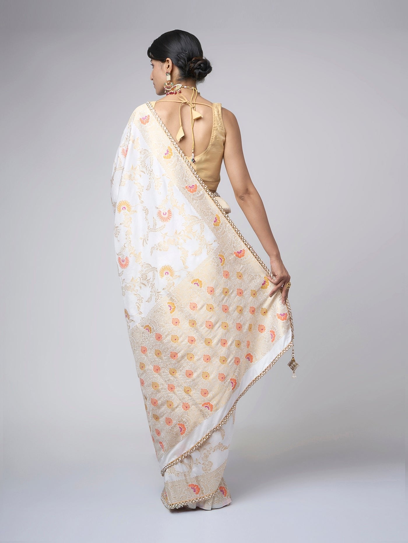 Sonali Phool – White Meenakari Saree with Orange Blossom - ZahratSaree