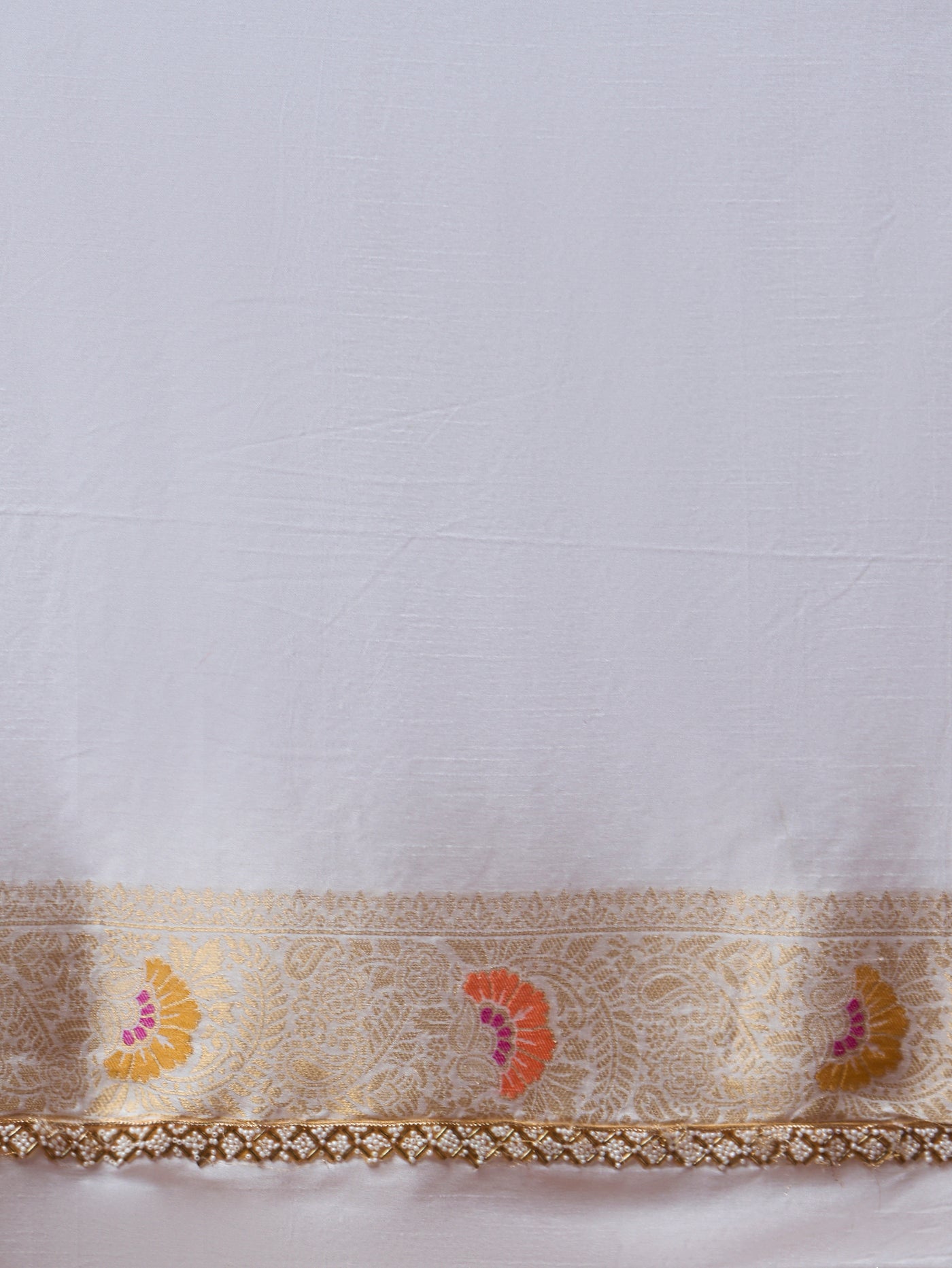 Sonali Phool – White Meenakari Saree with Orange Blossom - ZahratSaree