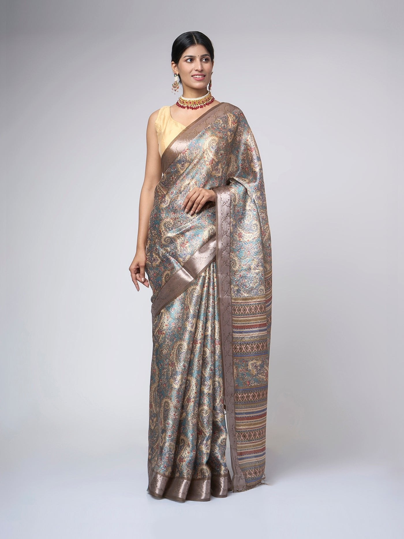 Aurelia Mist – Sky Blue - Grey Saree with Gold Ethnic Motifs & Zari Accents - ZahratSaree