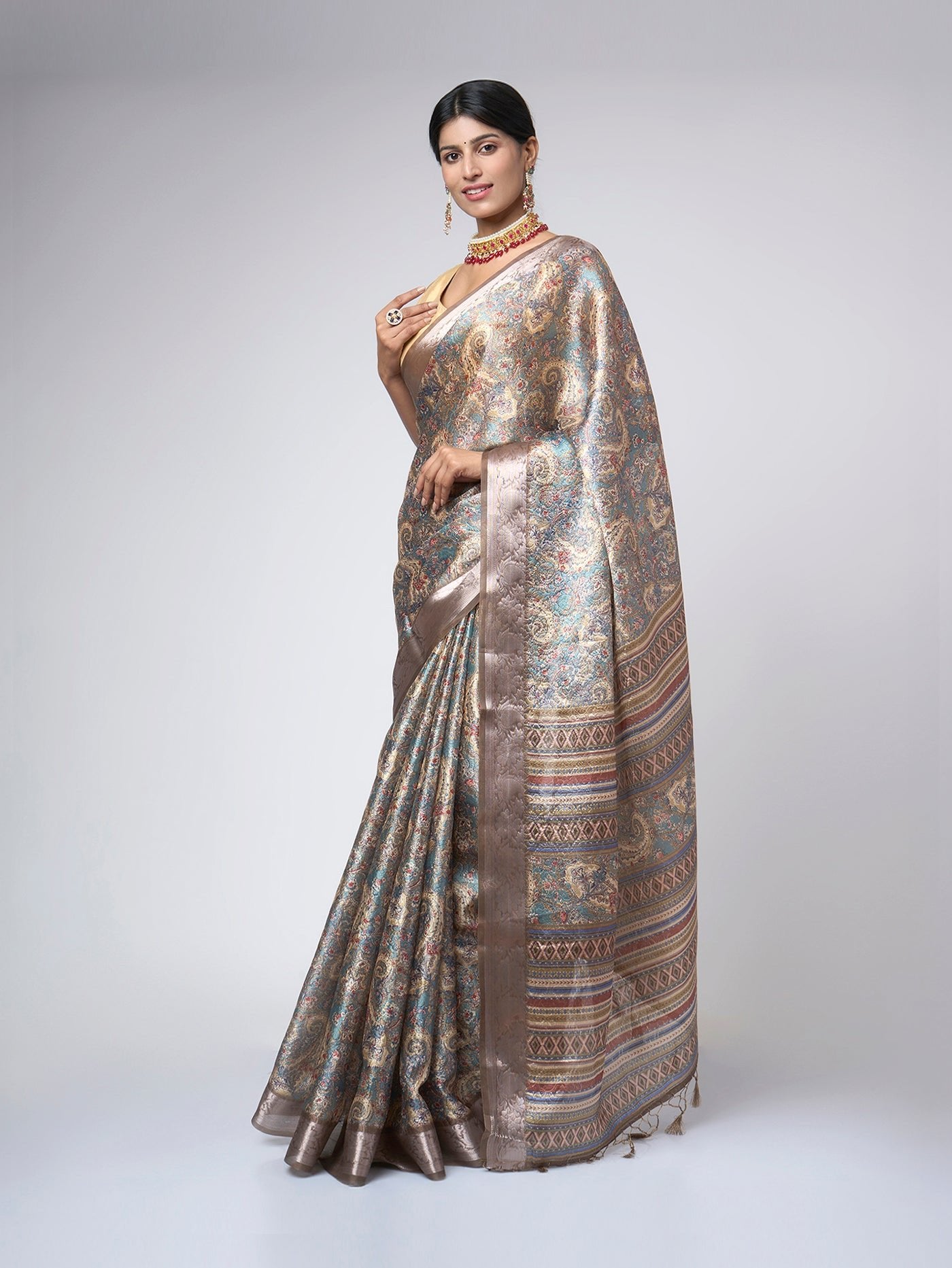 Aurelia Mist – Sky Blue - Grey Saree with Gold Ethnic Motifs & Zari Accents - ZahratSaree