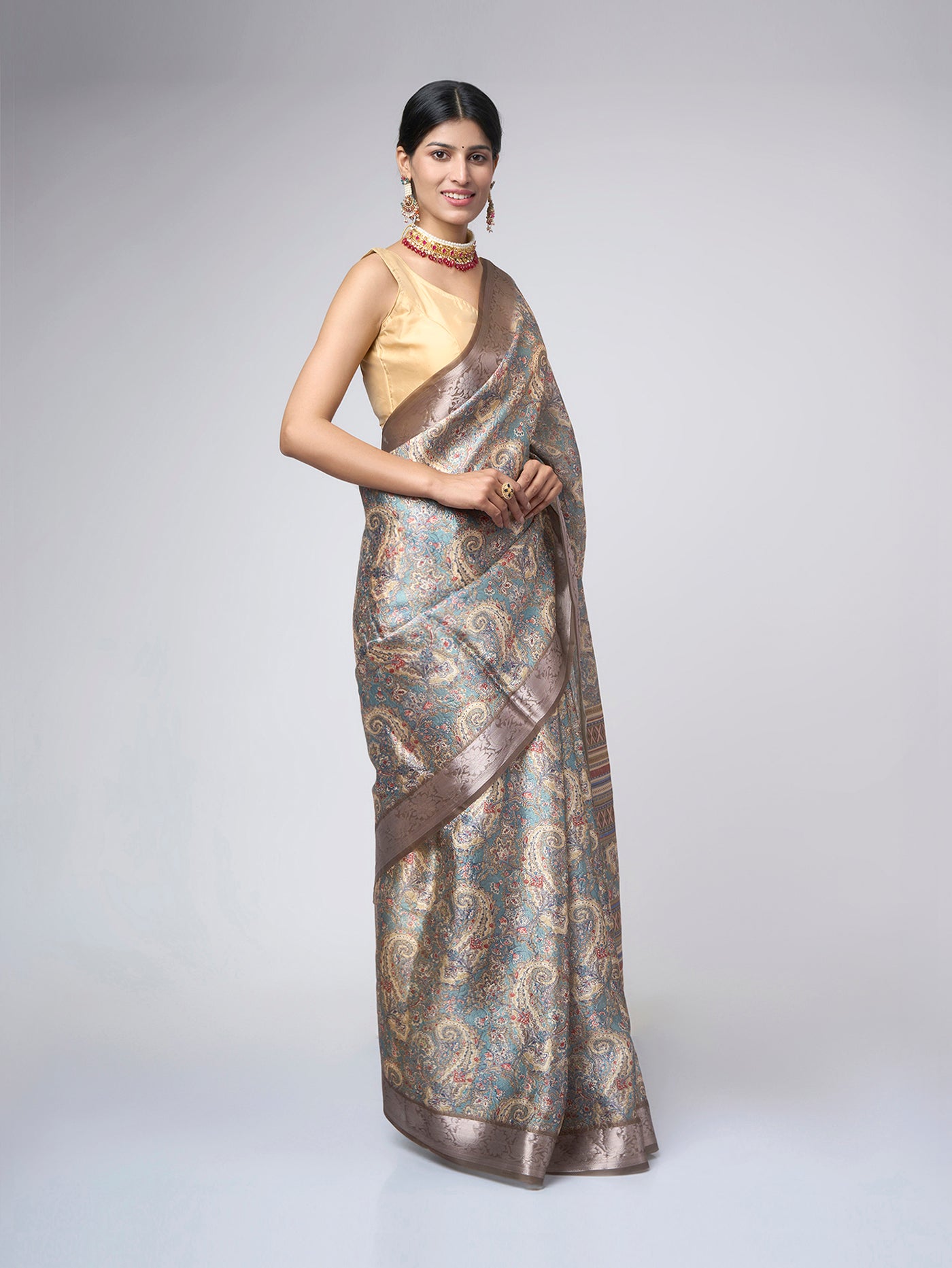 Aurelia Mist – Sky Blue - Grey Saree with Gold Ethnic Motifs & Zari Accents - ZahratSaree